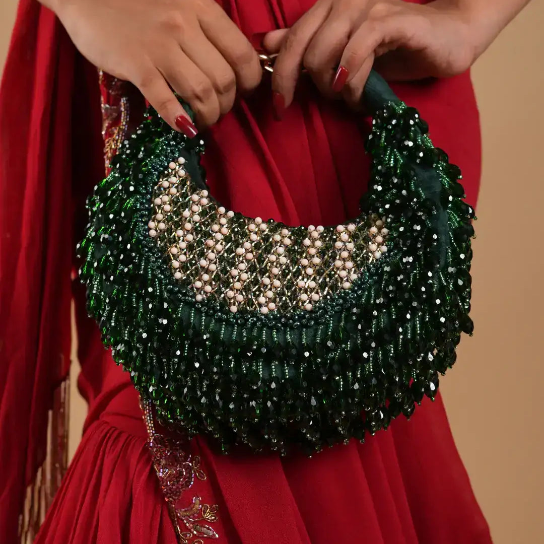 Emerald Pink Embellished Crystal Hobo Bag