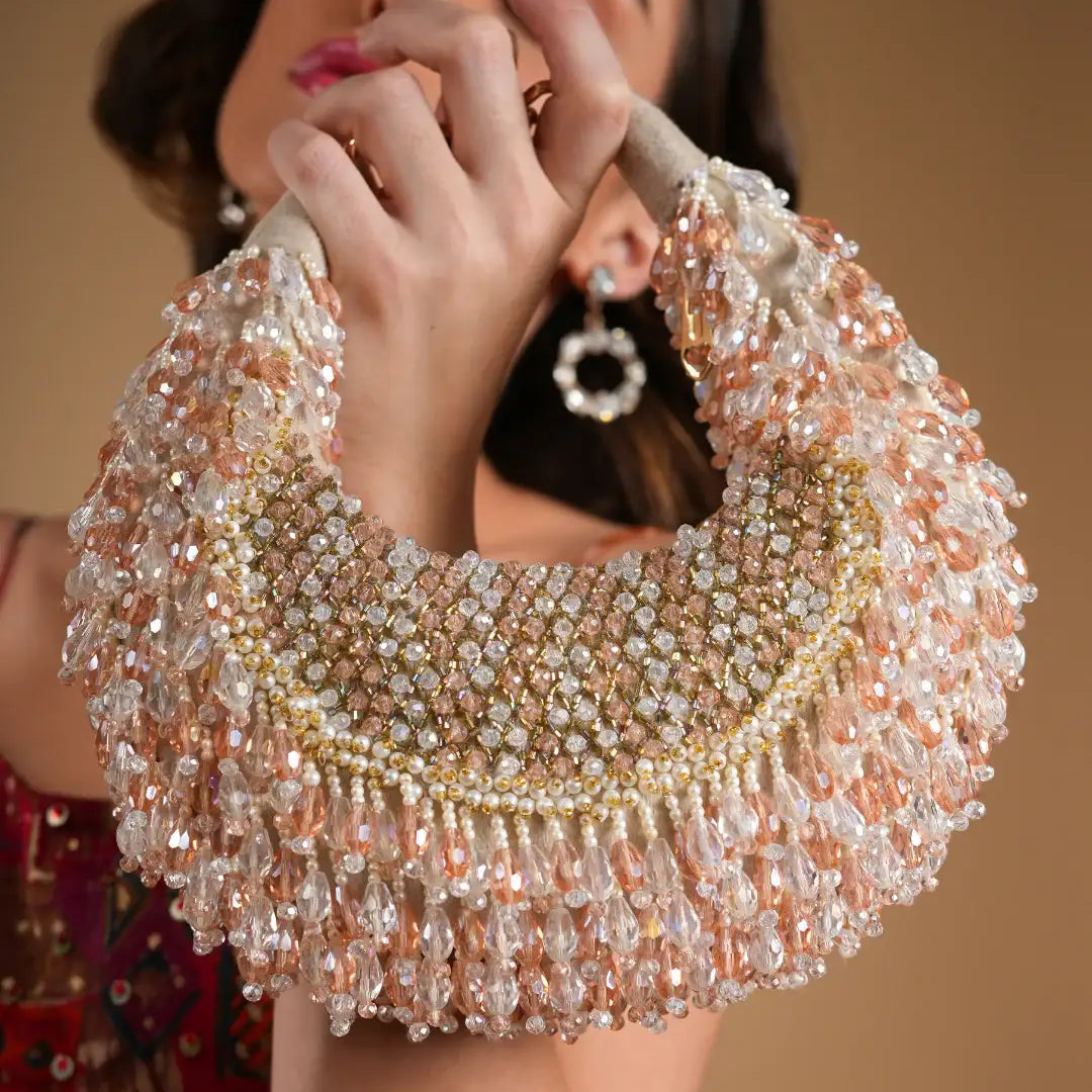Emerald Pink Embellished Crystal Hobo Bag