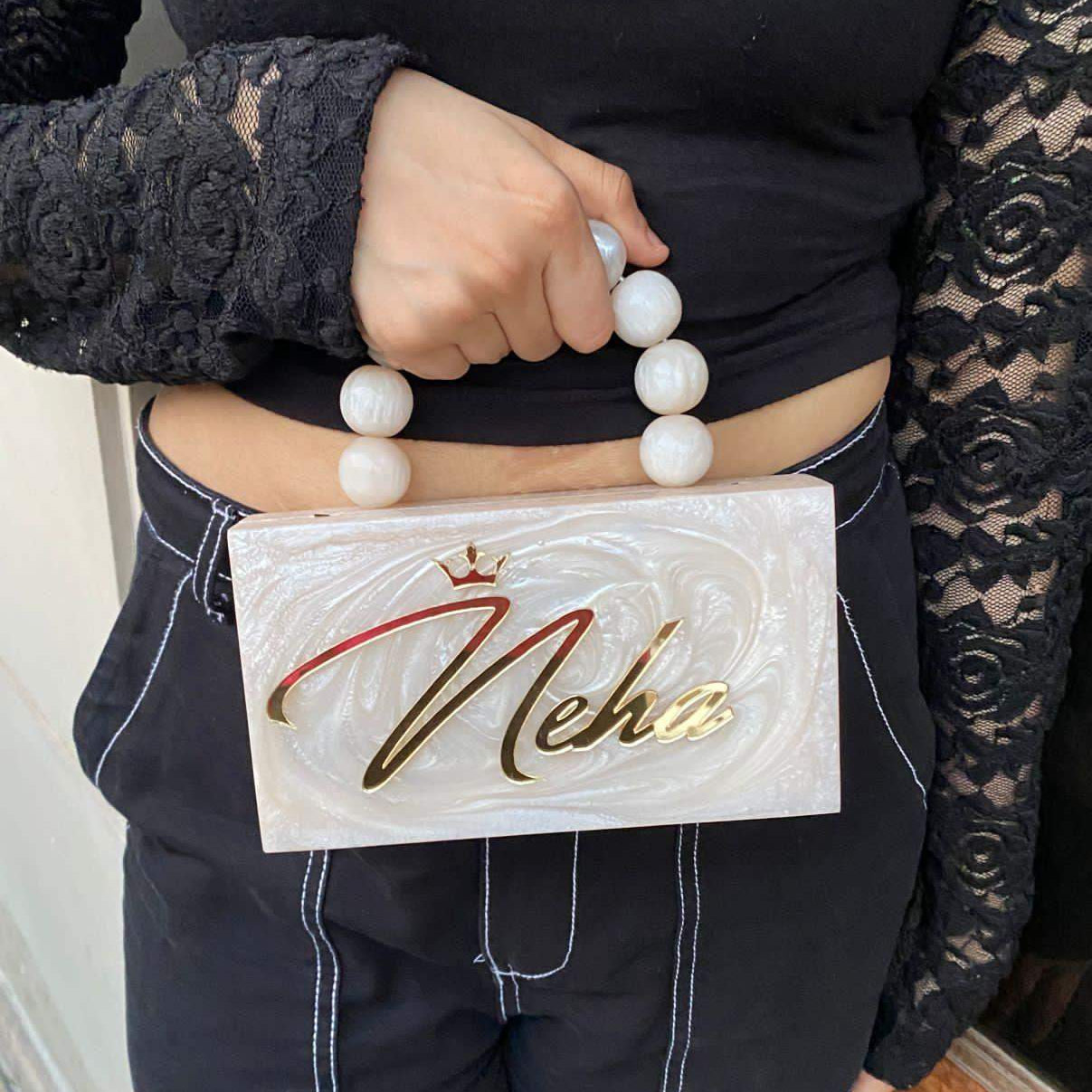 Customised Party Resin Name Clutch With Pearl Handle - SUGARCRUSH