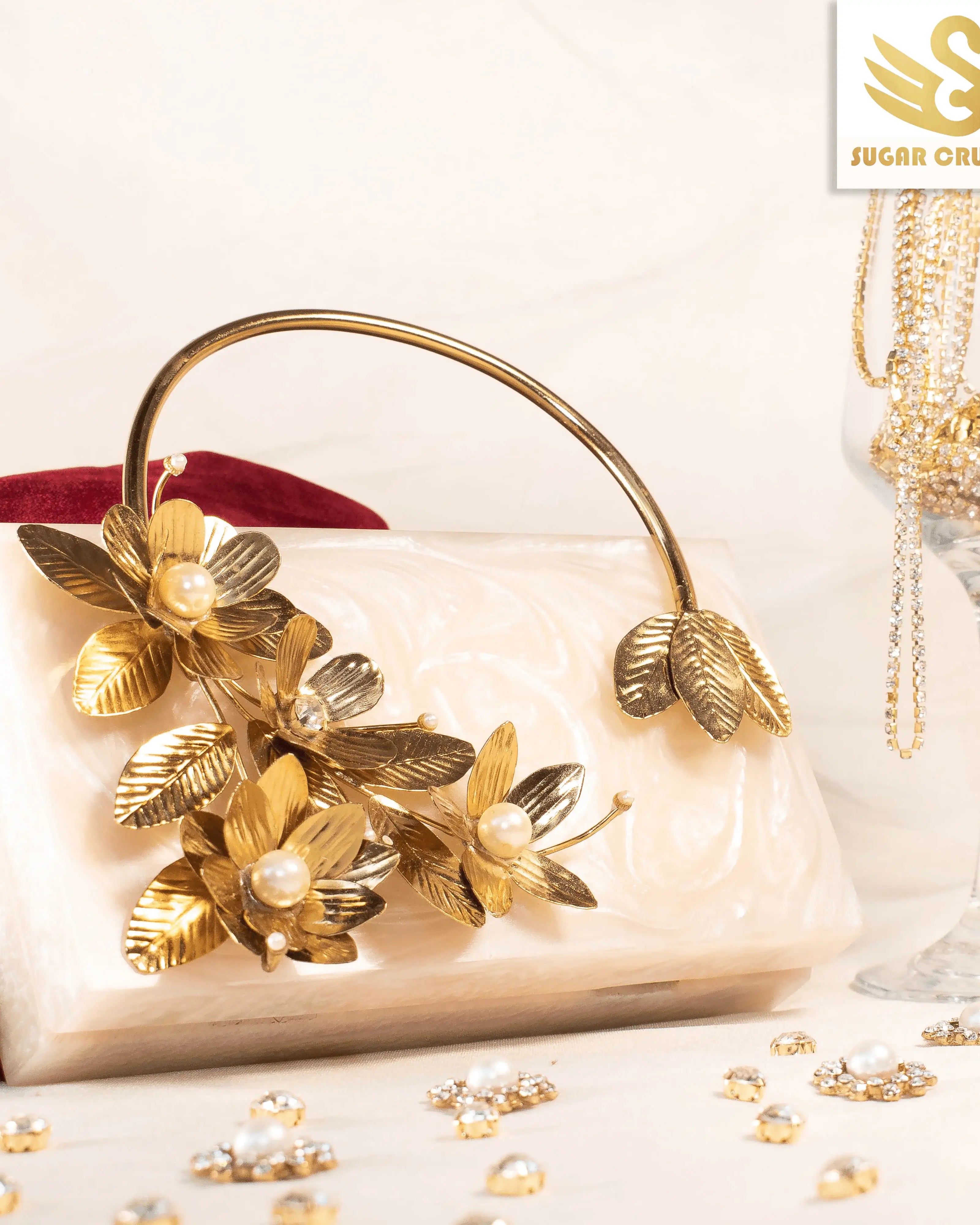 Sugarcrush beige luxury embellished clutch with pearl handle - SUGARCRUSH