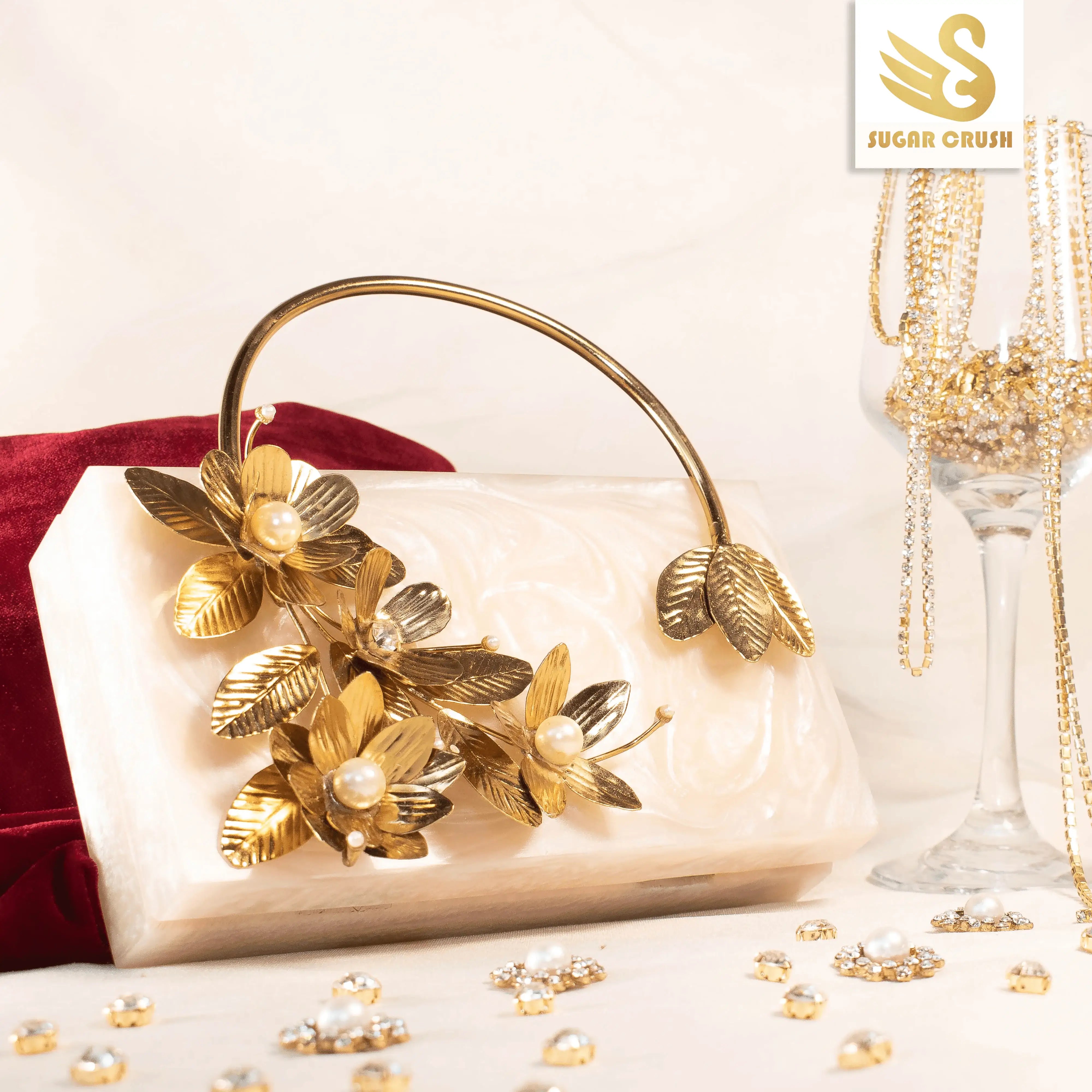 Sugarcrush beige luxury embellished clutch with pearl handle - SUGARCRUSH