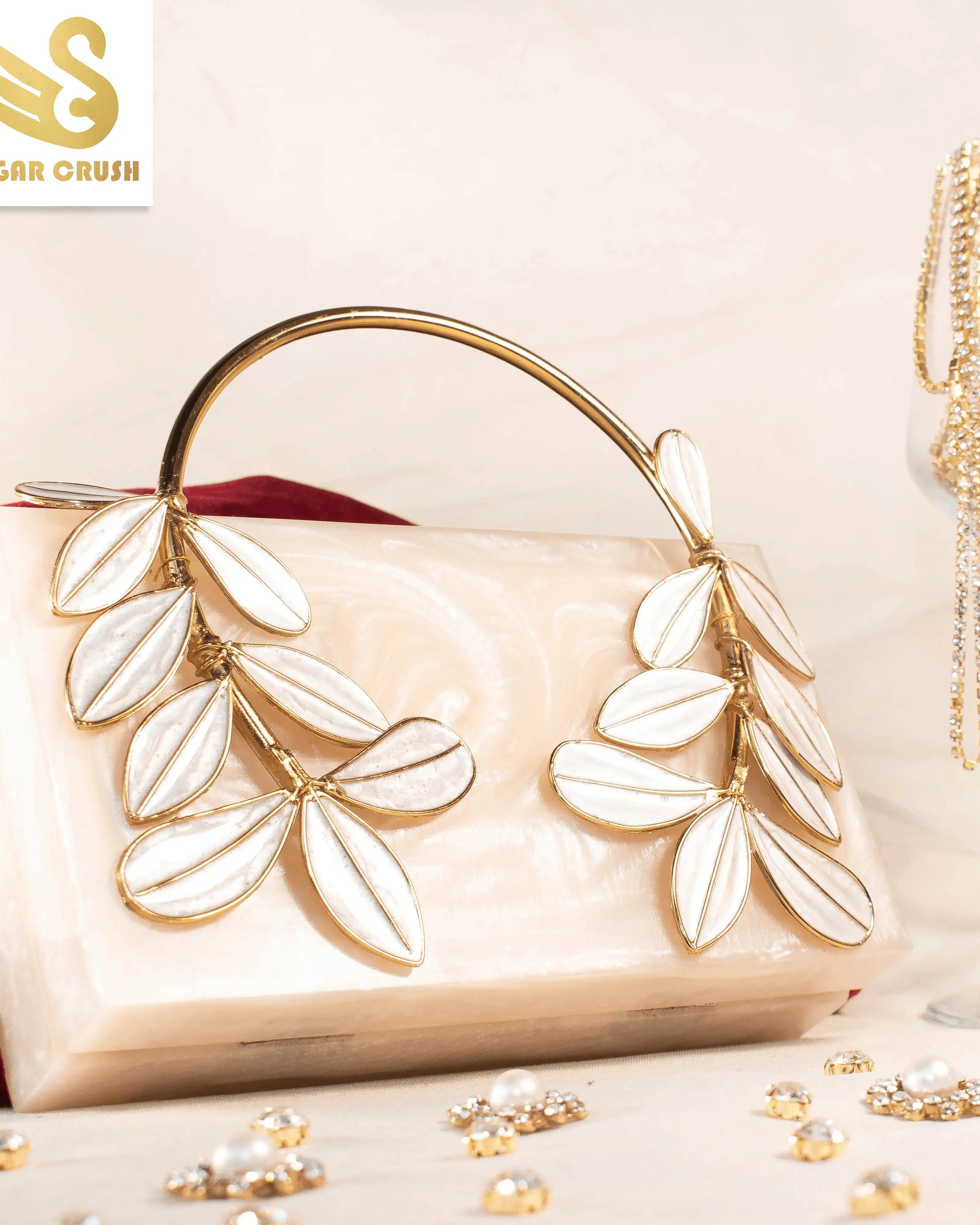 Sugarcrush beige luxury embellished clutch with pearl handle - SUGARCRUSH