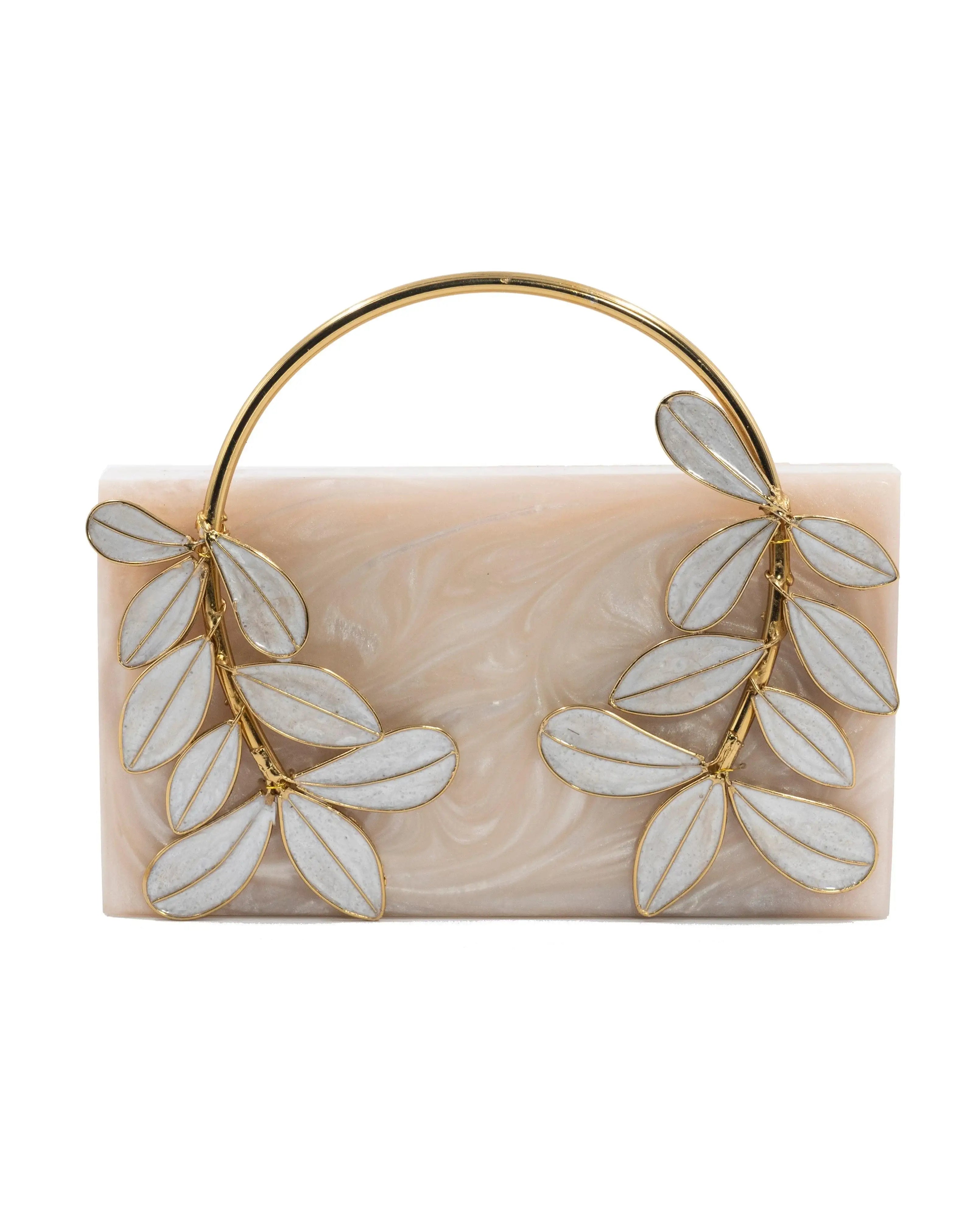 Sugarcrush beige luxury embellished clutch with pearl handle - SUGARCRUSH