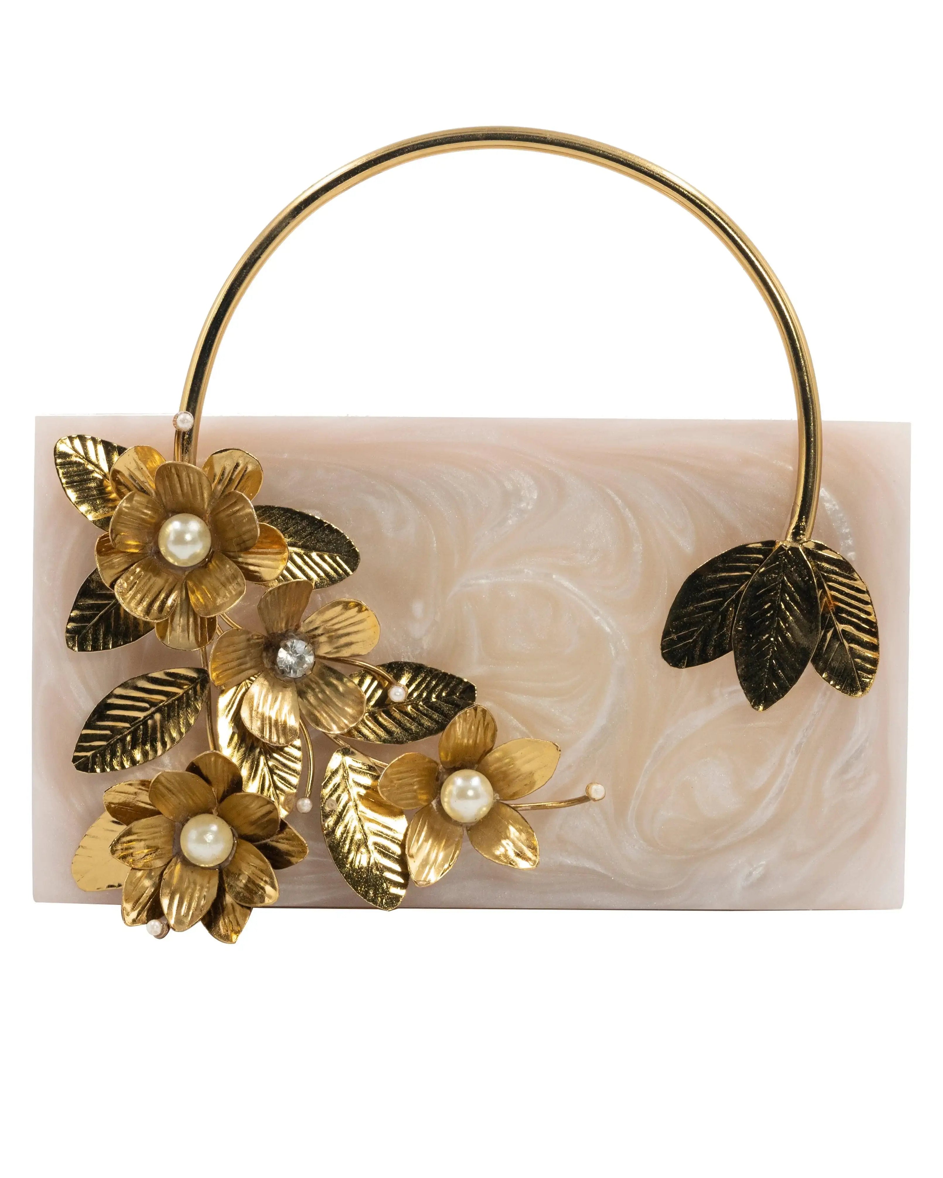 Sugarcrush beige luxury embellished clutch with pearl handle - SUGARCRUSH