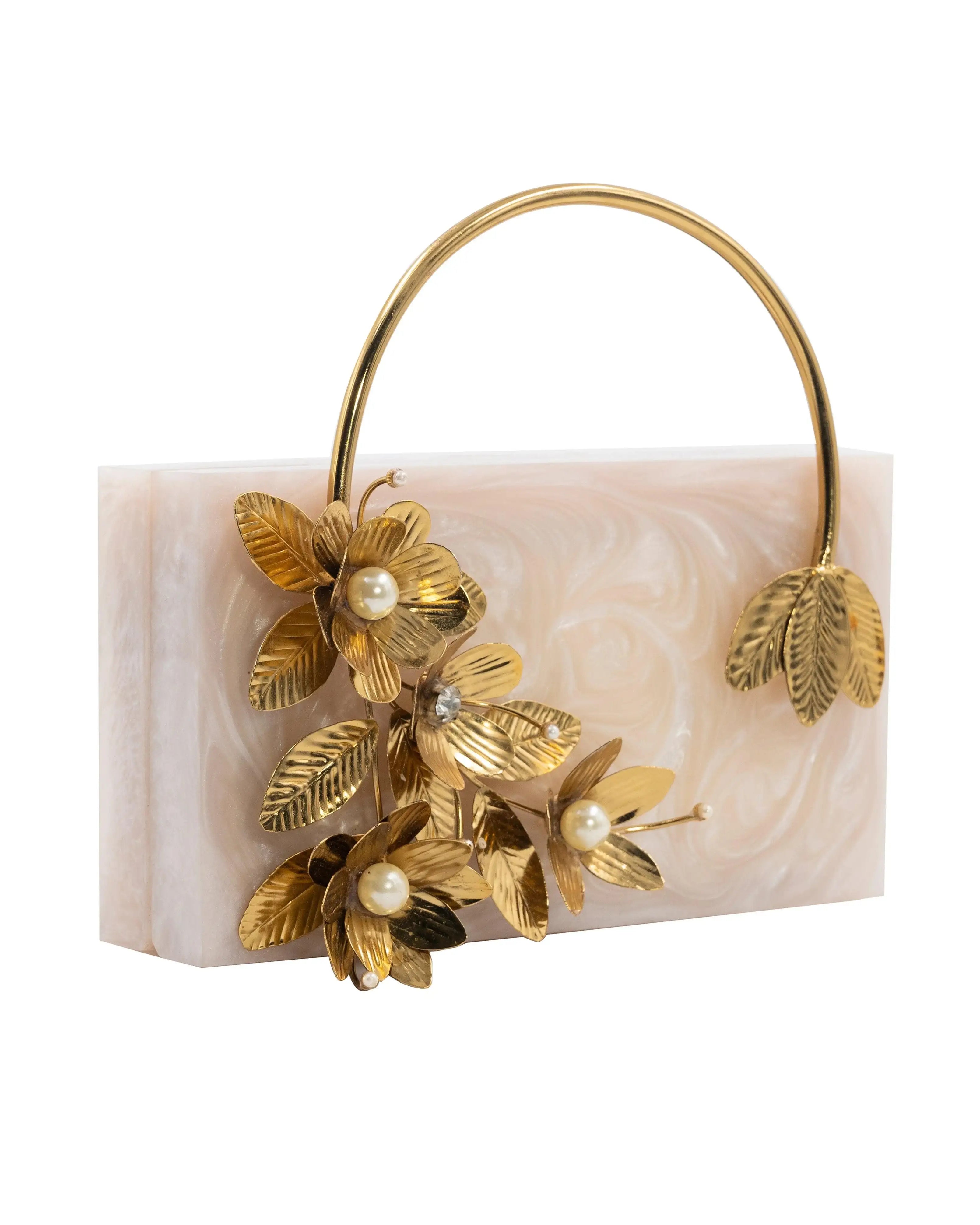 Sugarcrush beige luxury embellished clutch with pearl handle - SUGARCRUSH