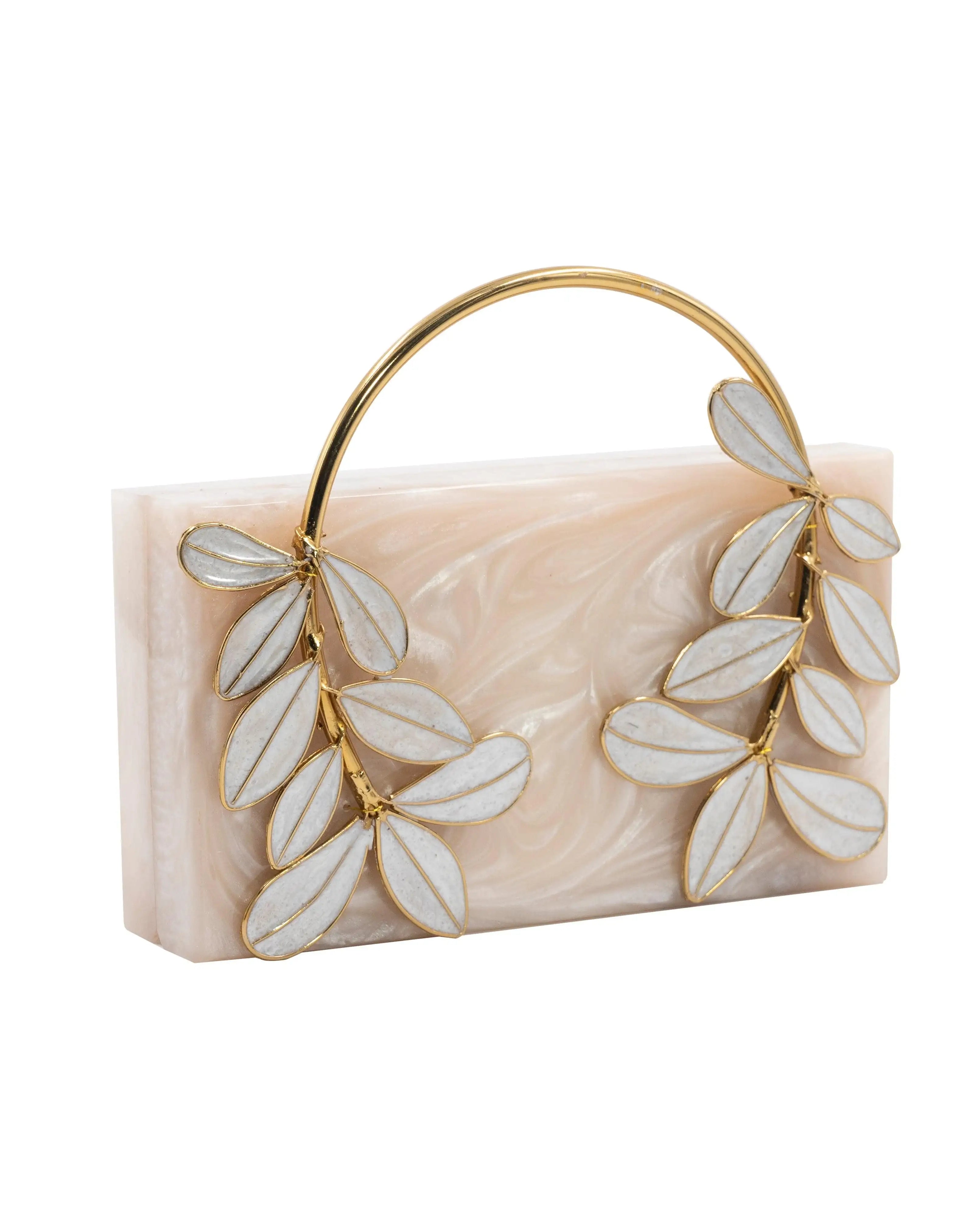 Sugarcrush beige luxury embellished clutch with pearl handle - SUGARCRUSH