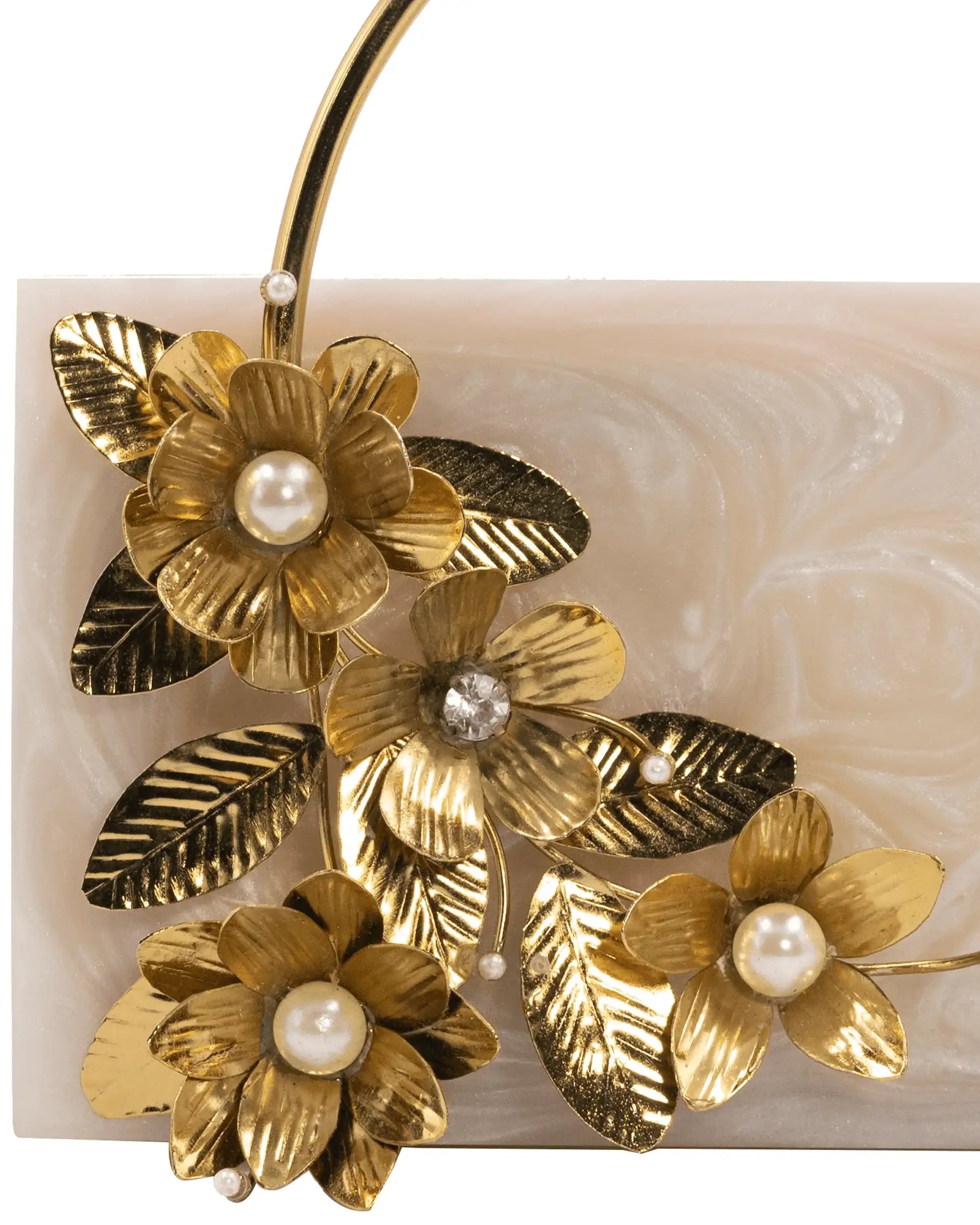 Sugarcrush beige luxury embellished clutch with pearl handle - SUGARCRUSH