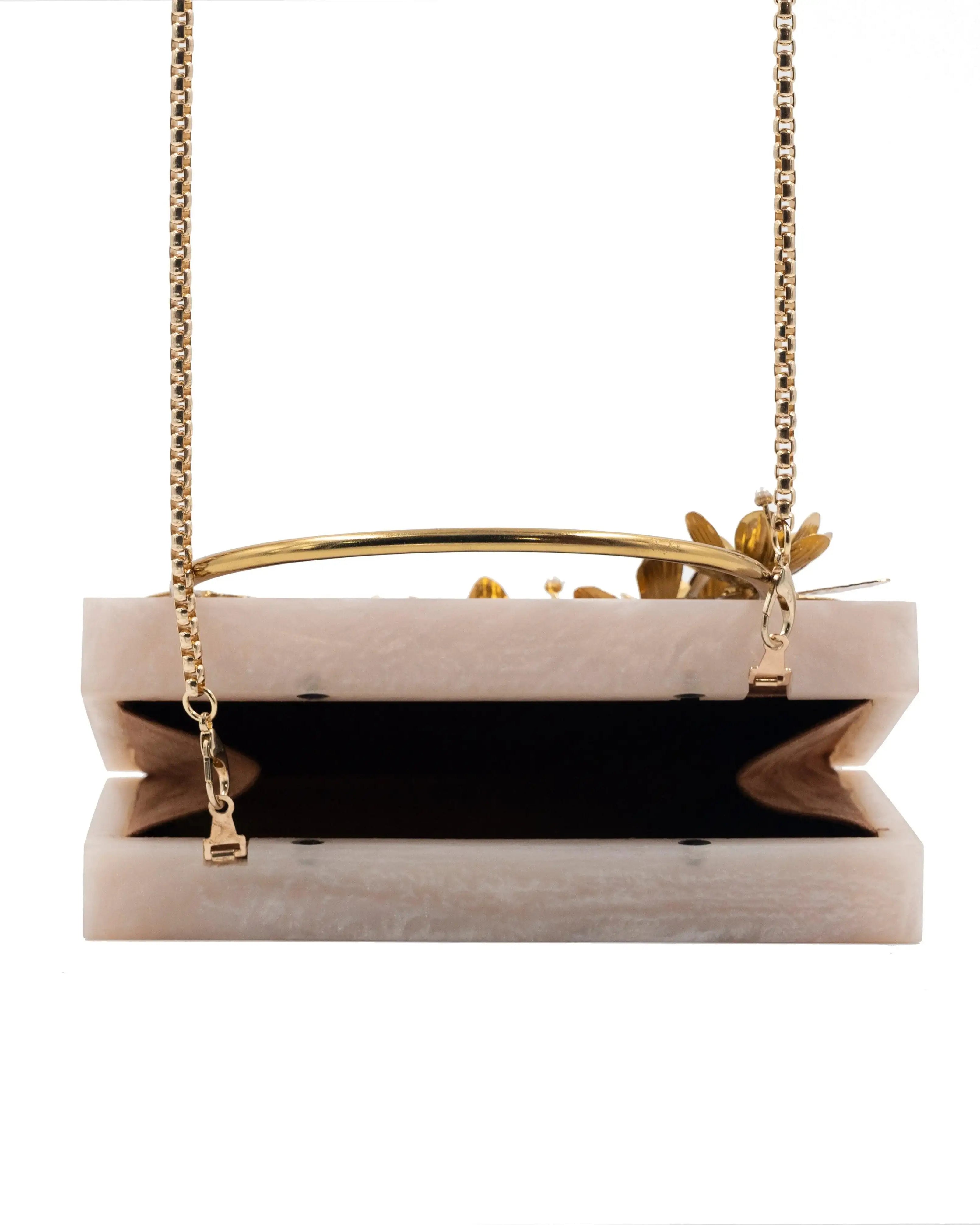 Sugarcrush beige luxury embellished clutch with pearl handle - SUGARCRUSH