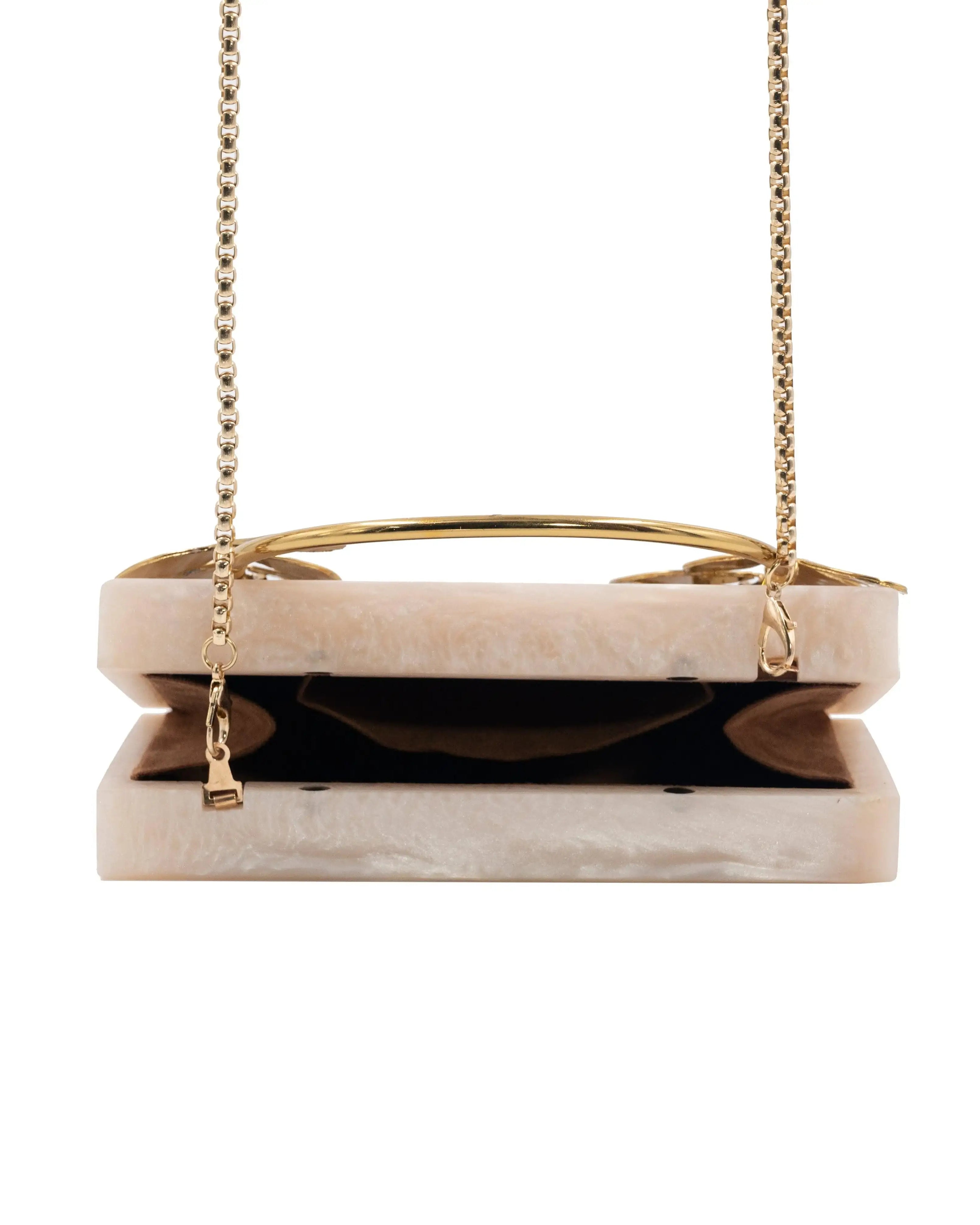 Sugarcrush beige luxury embellished clutch with pearl handle - SUGARCRUSH