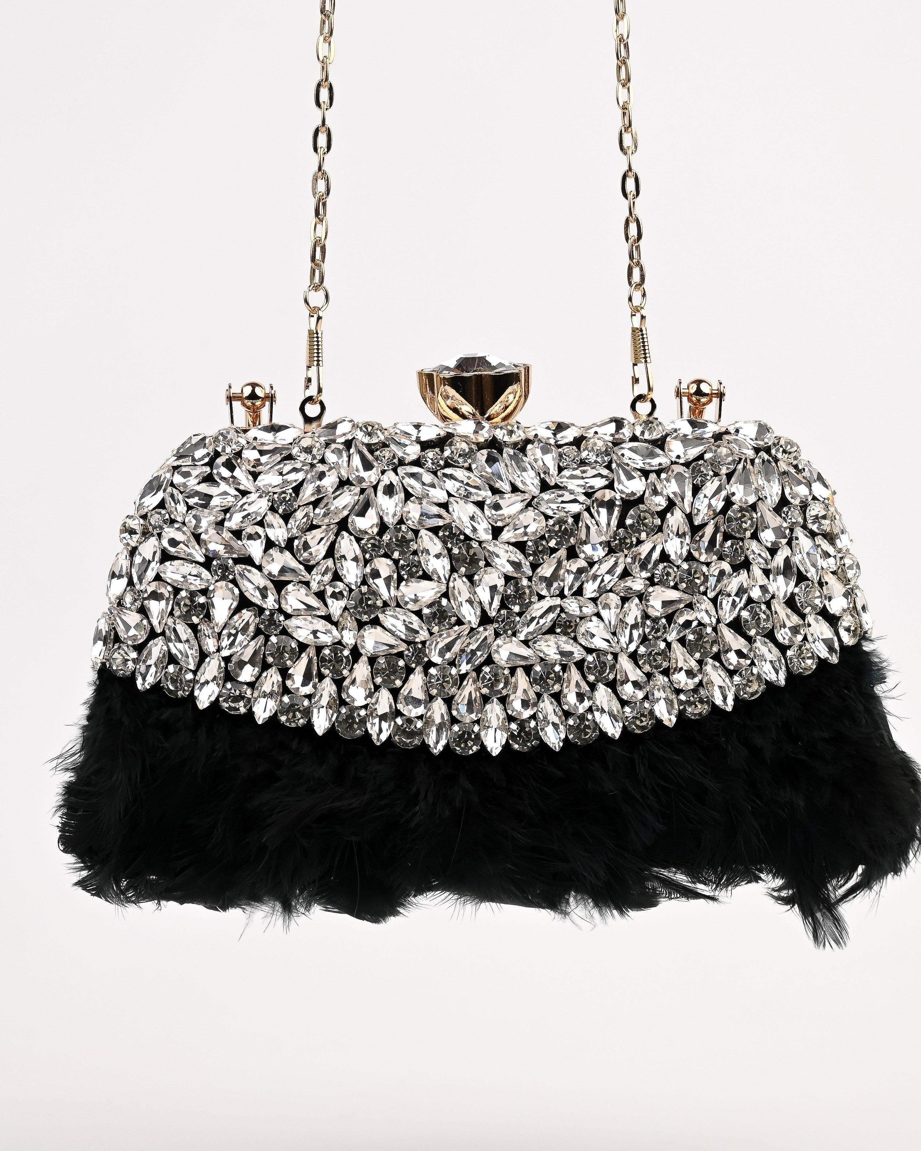 Sugarcrush Crystal Bridal Feather Luxury Bag-BLACK - SUGARCRUSH