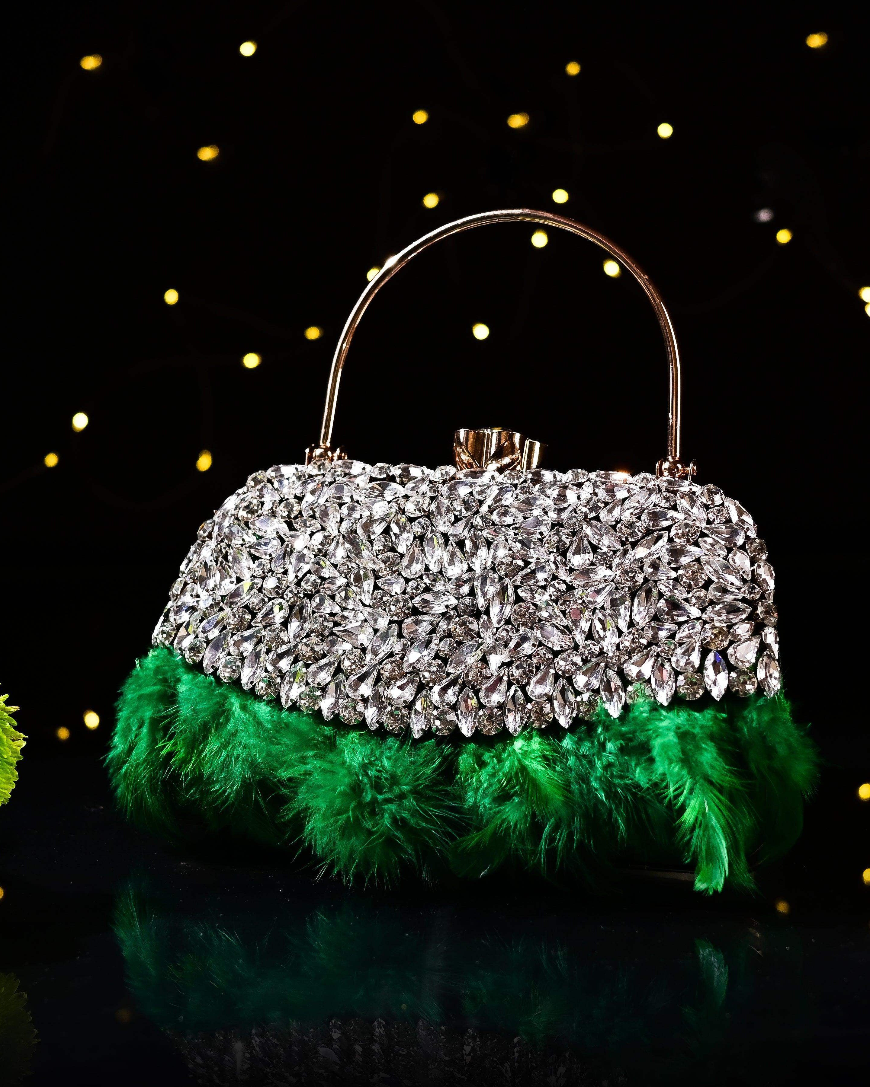 Sugarcrush Crystal Bridal Feather Luxury Bag-GREEN - SUGARCRUSH