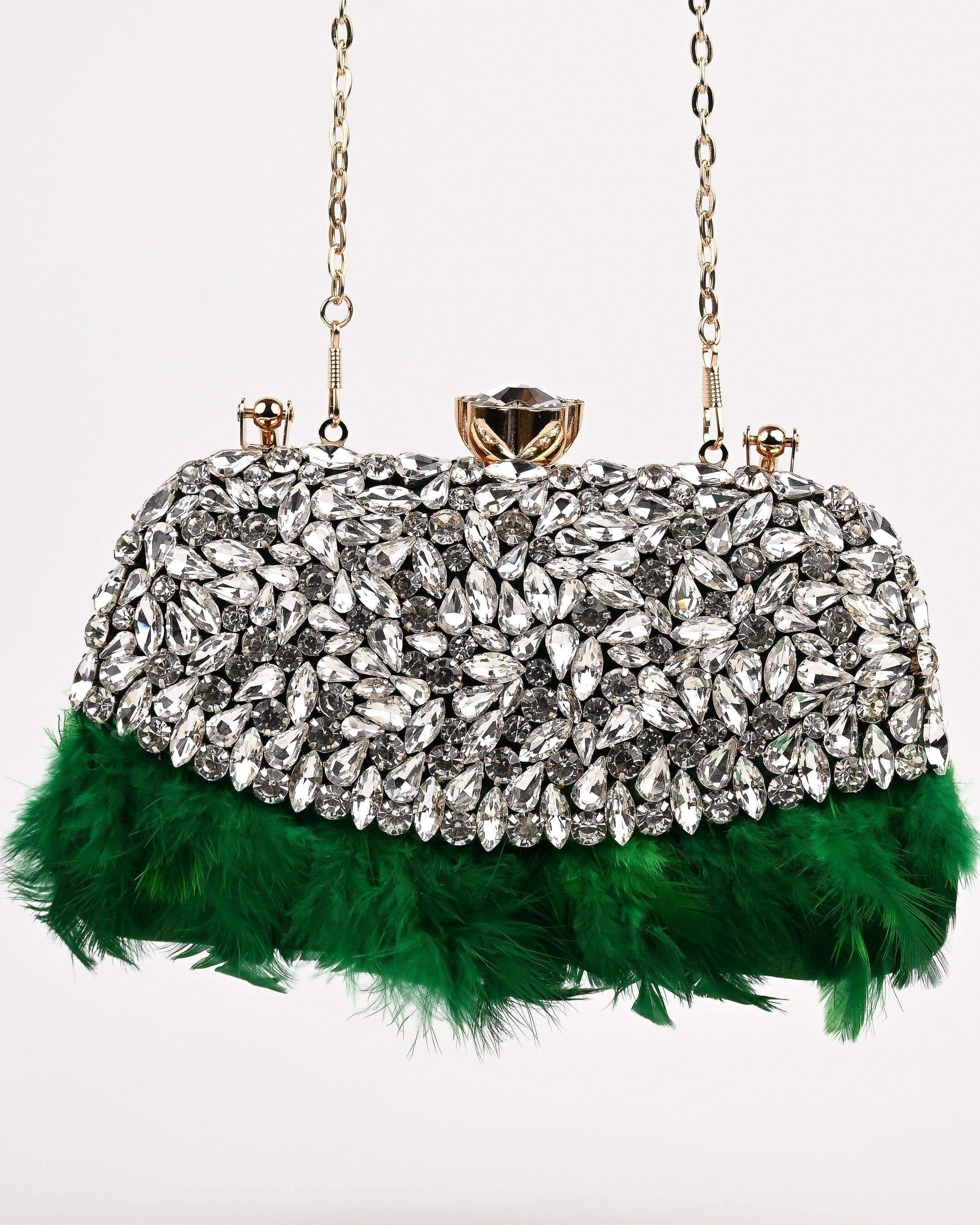 Sugarcrush Crystal Bridal Feather Luxury Bag-GREEN - SUGARCRUSH