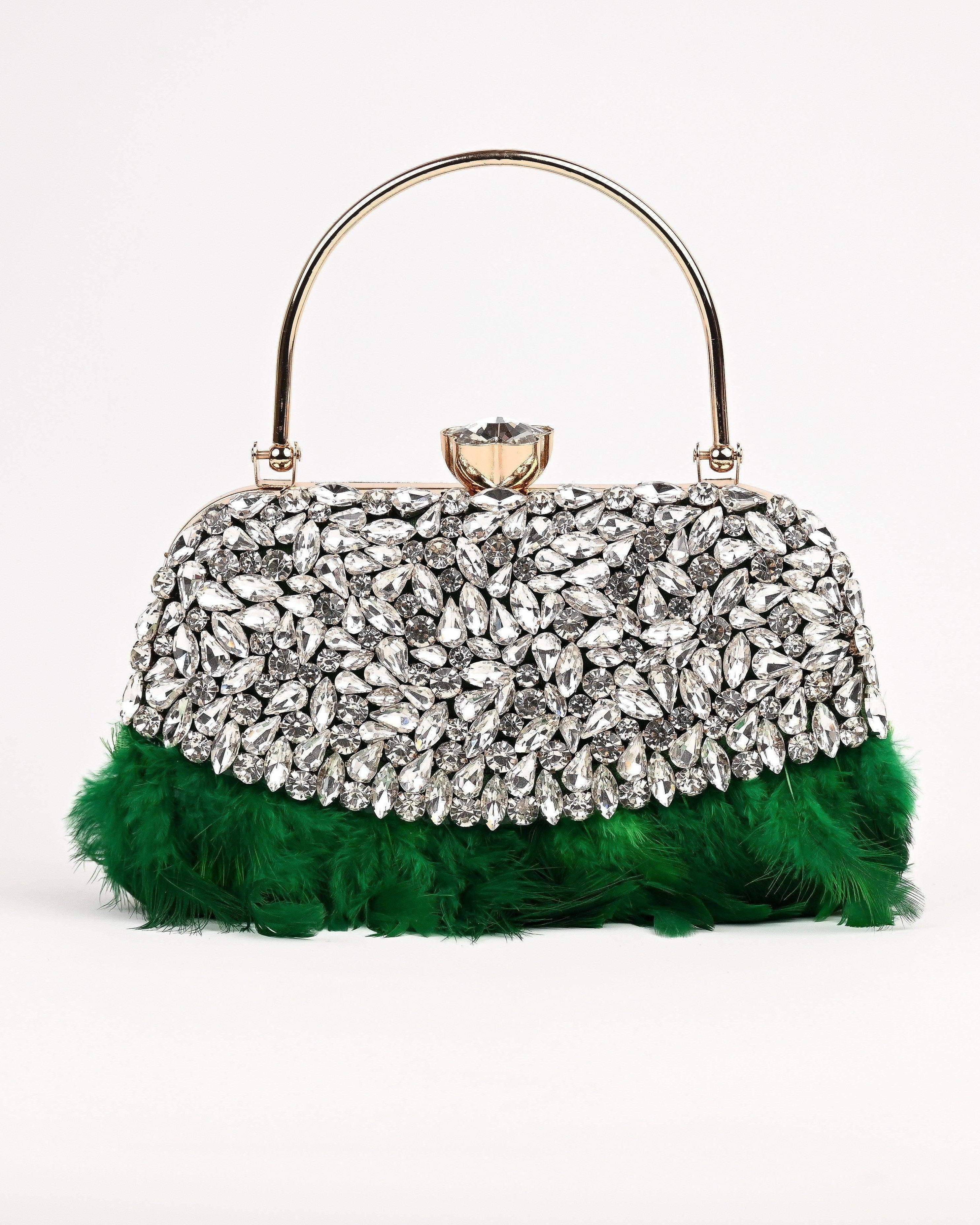 Sugarcrush Crystal Bridal Feather Luxury Bag-GREEN - SUGARCRUSH