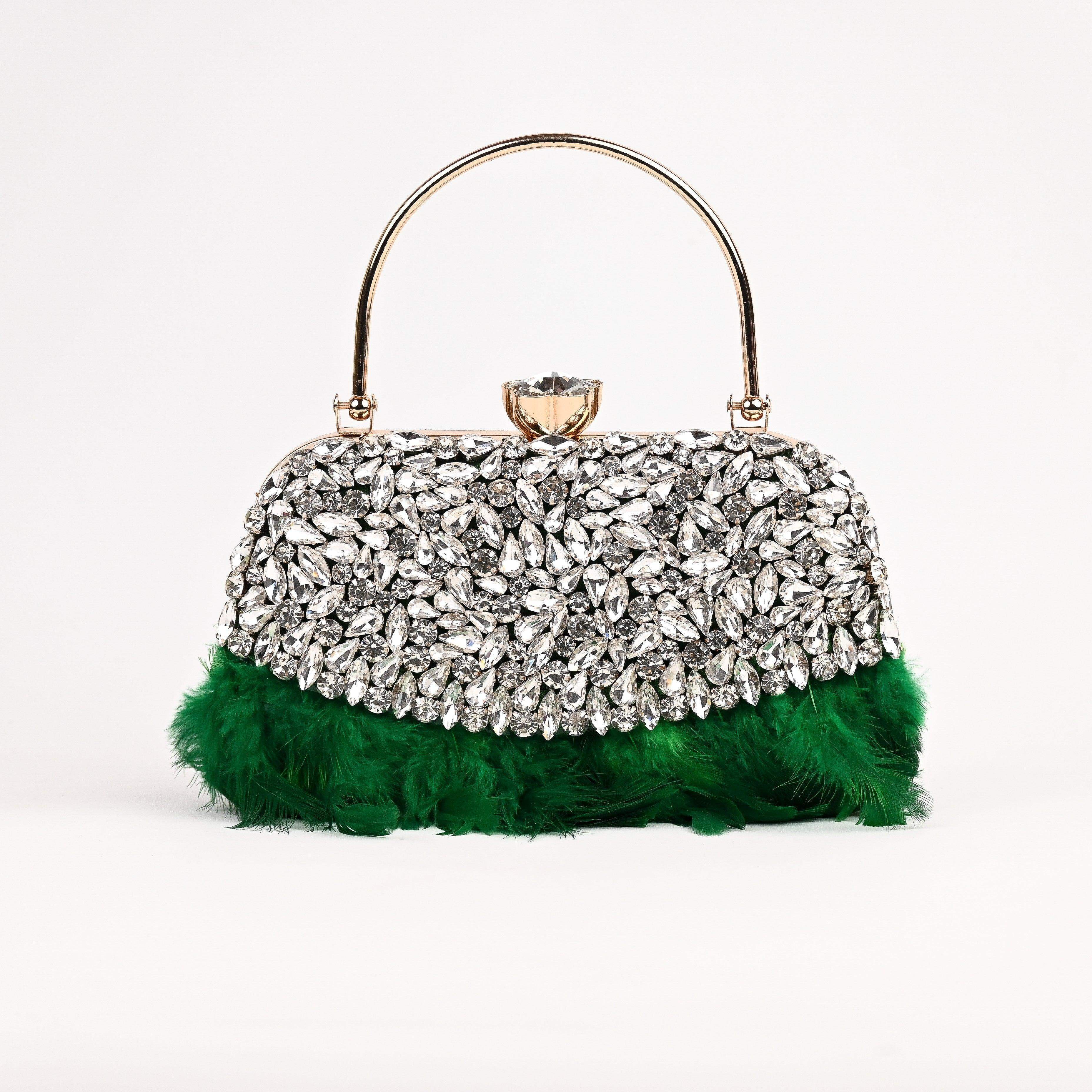 Sugarcrush Crystal Bridal Feather Luxury Bag-GREEN - SUGARCRUSH