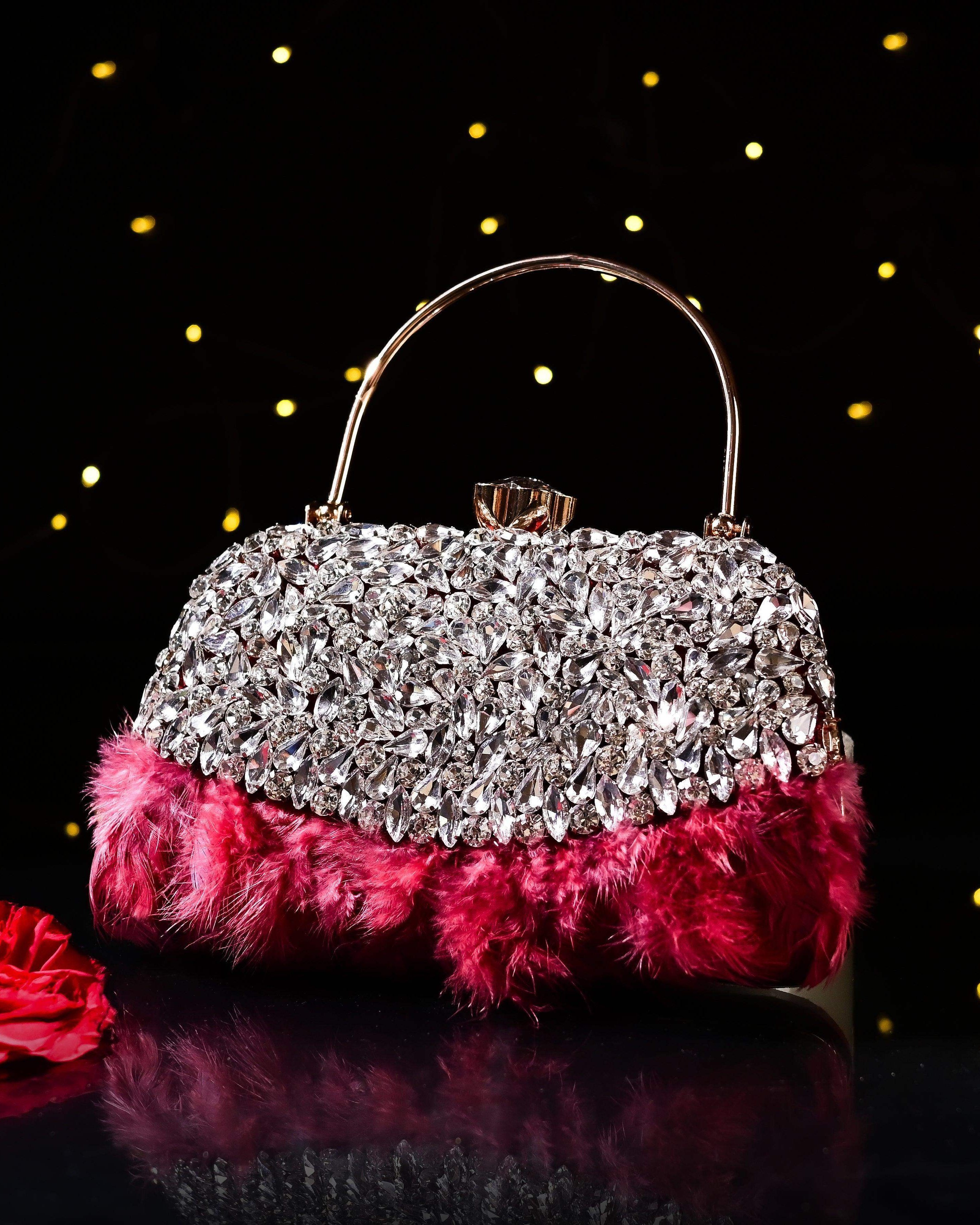 Sugarcrush Crystal Bridal Feather Luxury Bag-RED - SUGARCRUSH