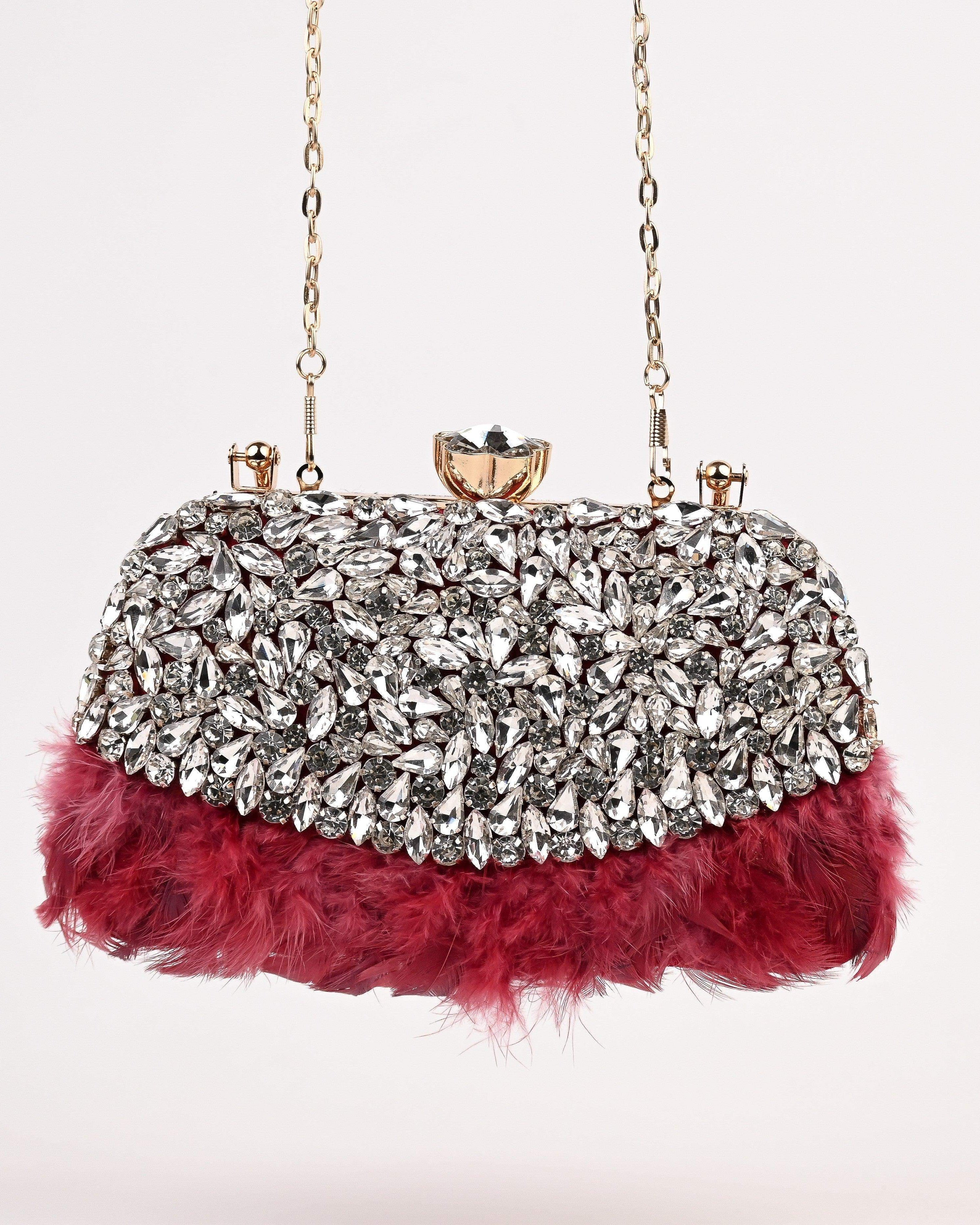 Sugarcrush Crystal Bridal Feather Luxury Bag-RED - SUGARCRUSH