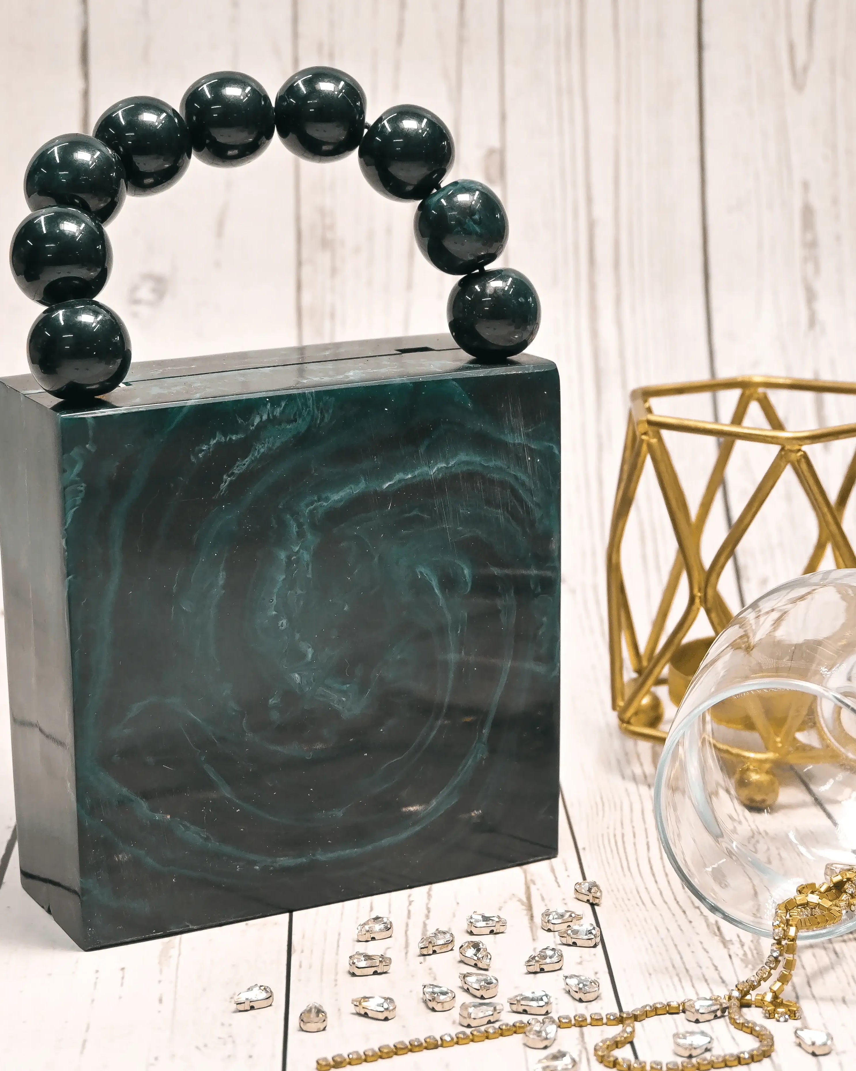 Sugarcrush Green luxury Mini embellished clutch with pearl handle - SUGARCRUSH