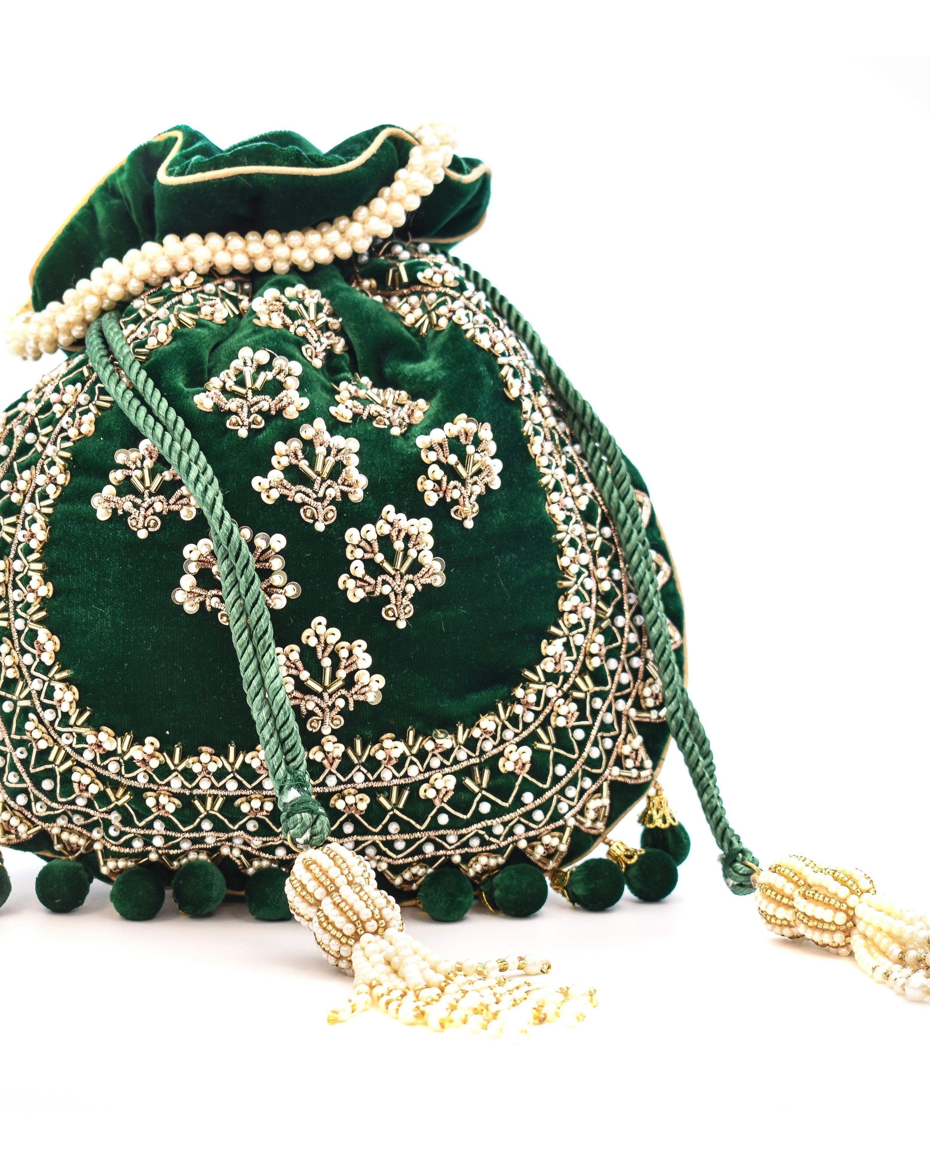 Sugarcrush Green Luxury Potli Bag With Drawstring Closure - SUGARCRUSH