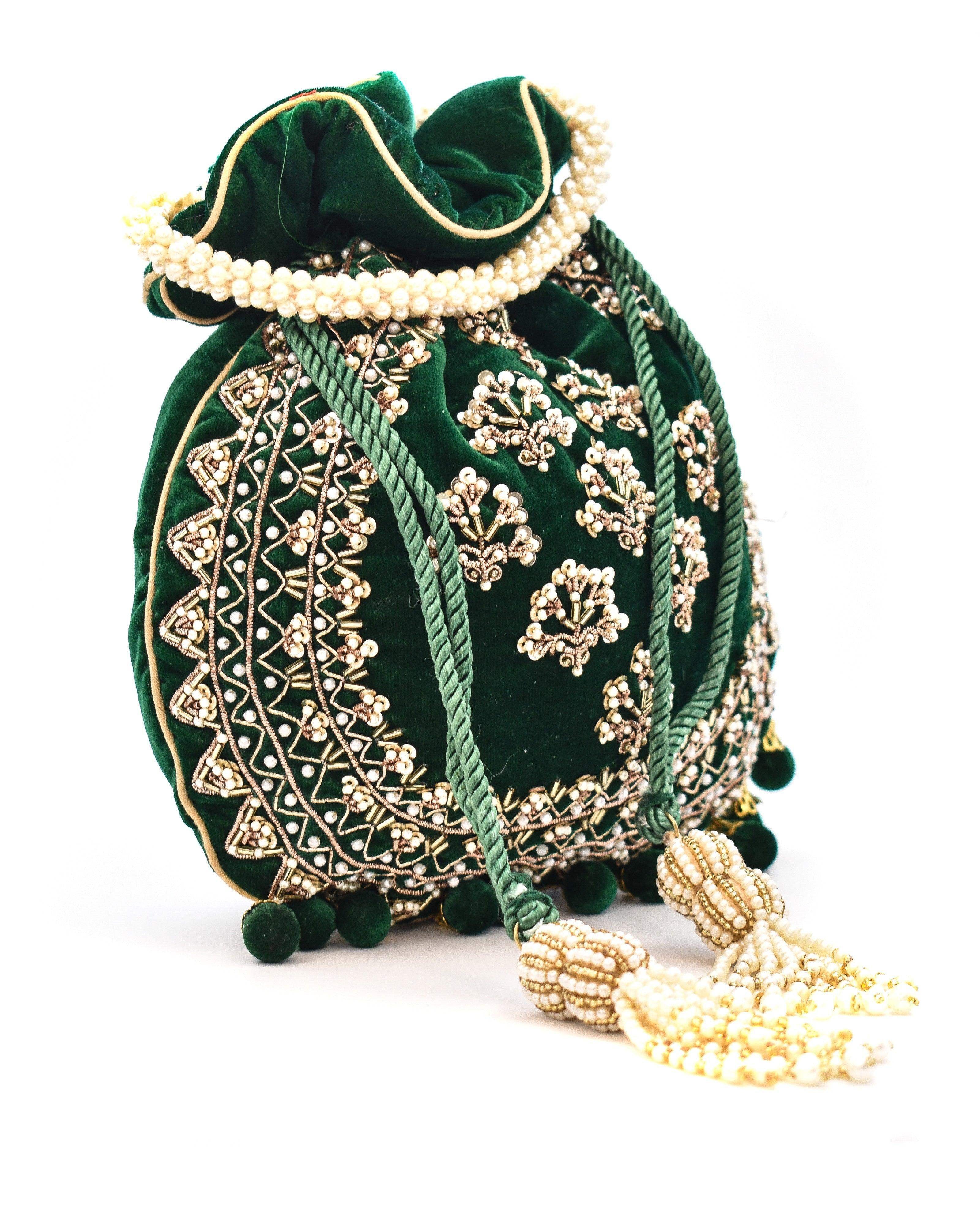 Sugarcrush Green Luxury Potli Bag With Drawstring Closure - SUGARCRUSH