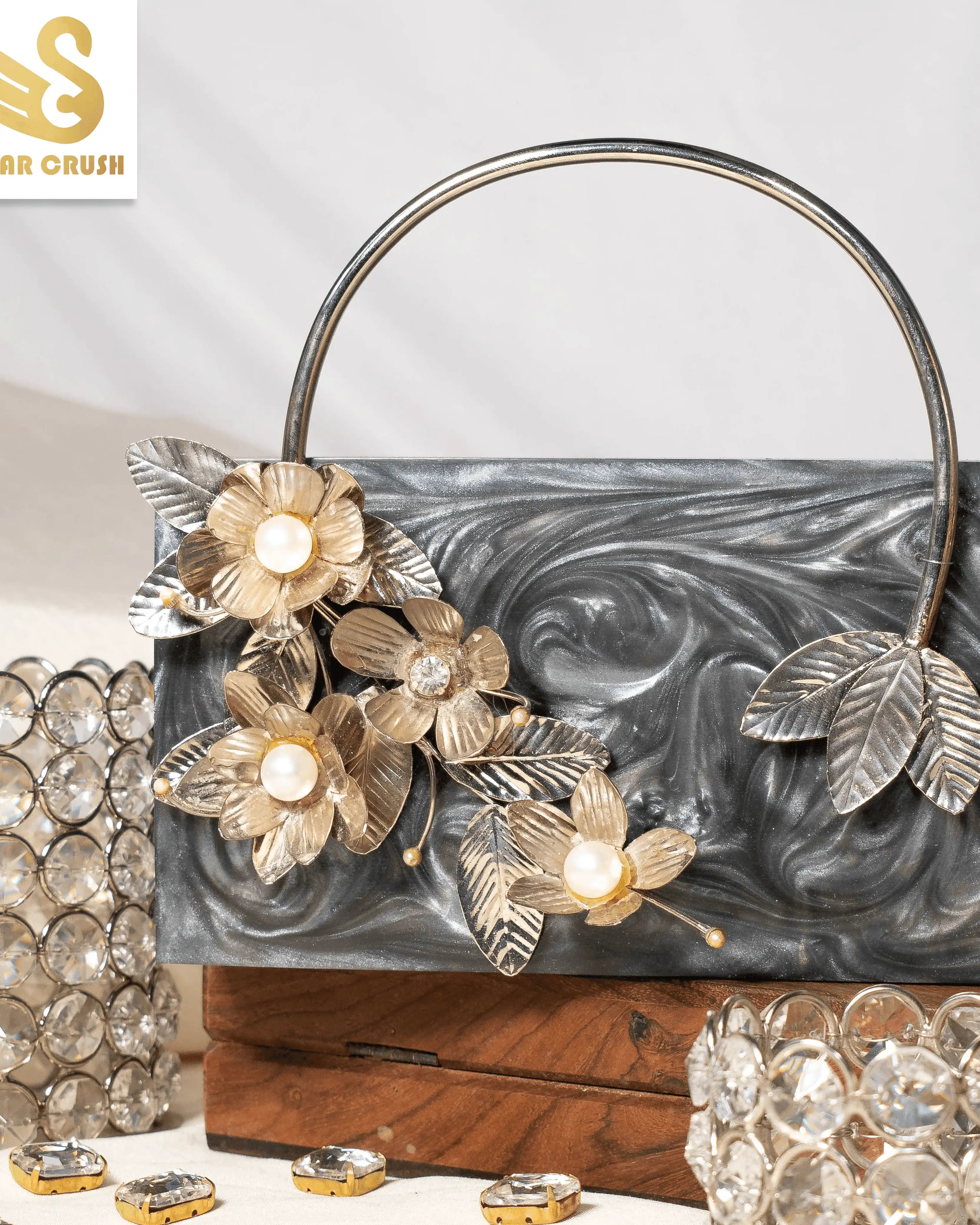 Sugarcrush Grey luxury embellished clutch with handle - SUGARCRUSH