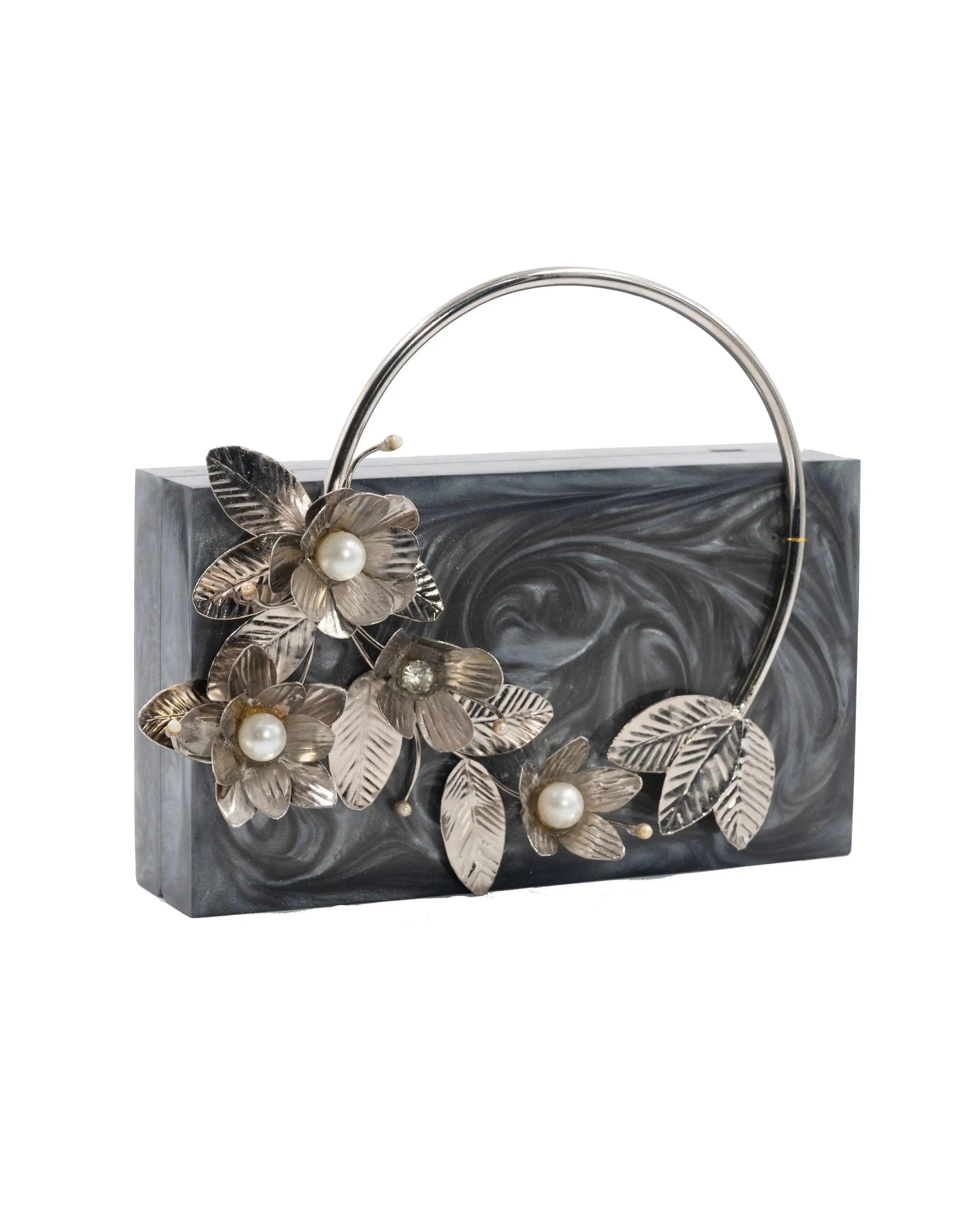 Sugarcrush Grey luxury embellished clutch with handle - SUGARCRUSH