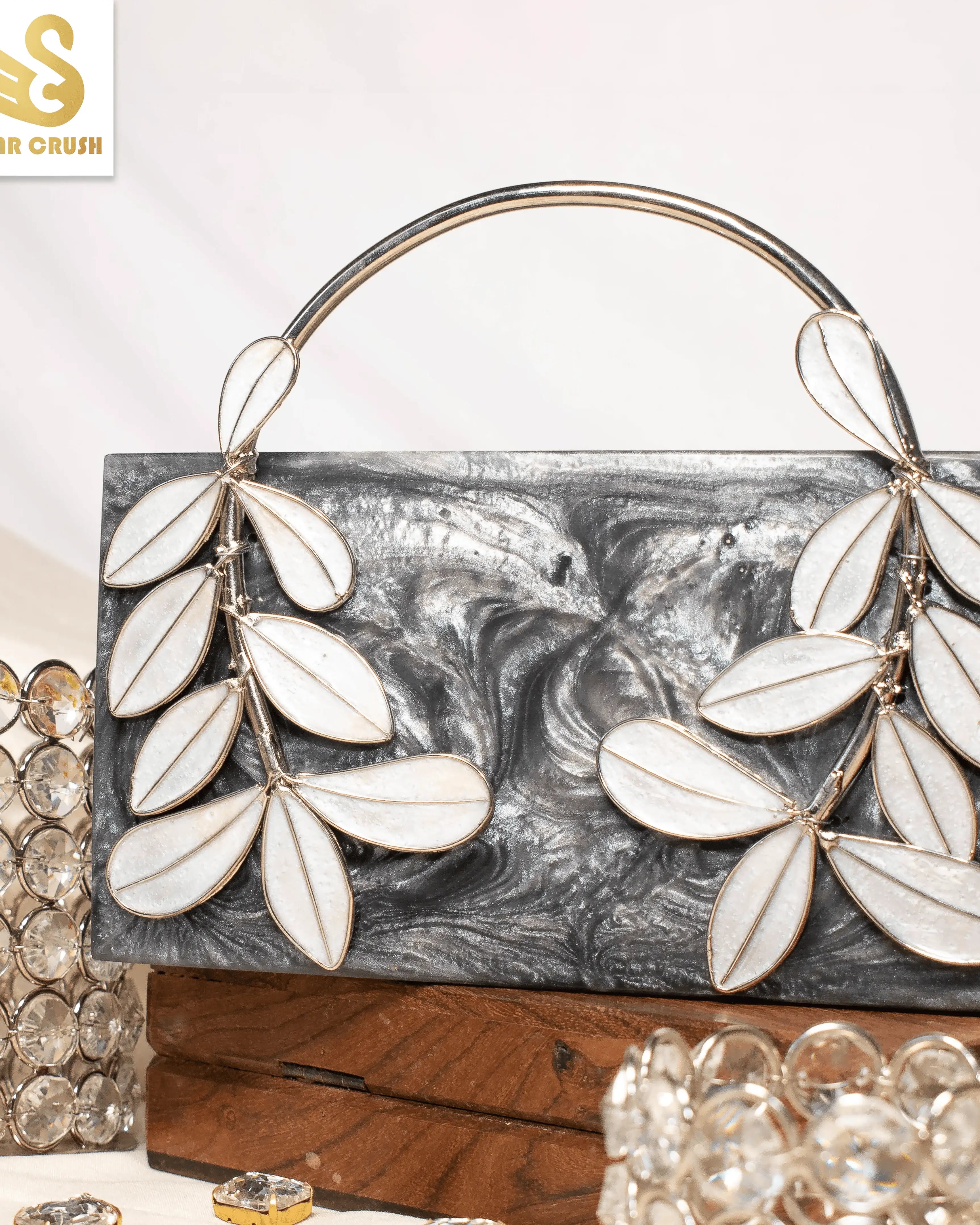 Sugarcrush Grey luxury embellished clutch with pearl handle - SUGARCRUSH