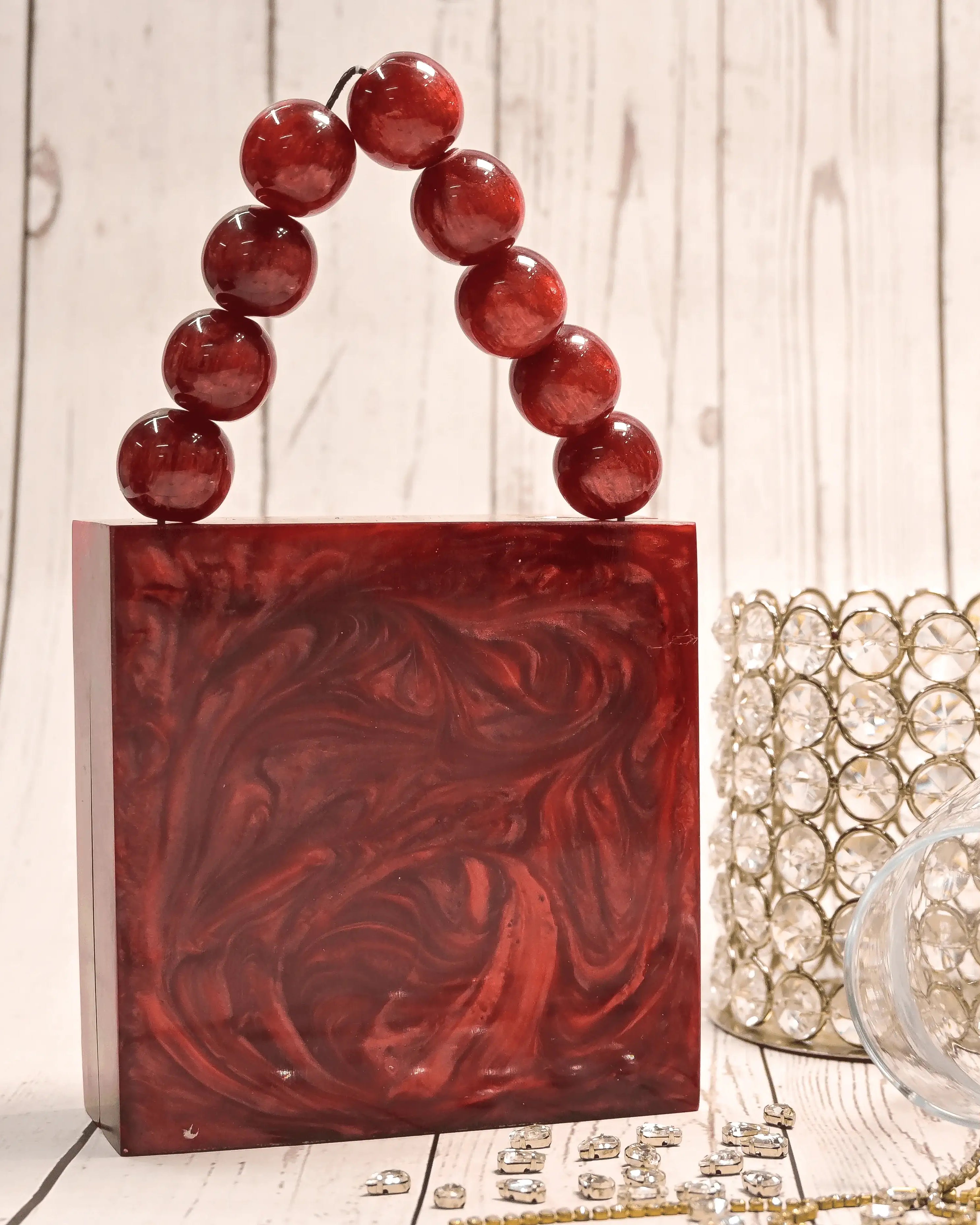 Sugarcrush Maroon luxury Mini embellished clutch with pearl handle - SUGARCRUSH