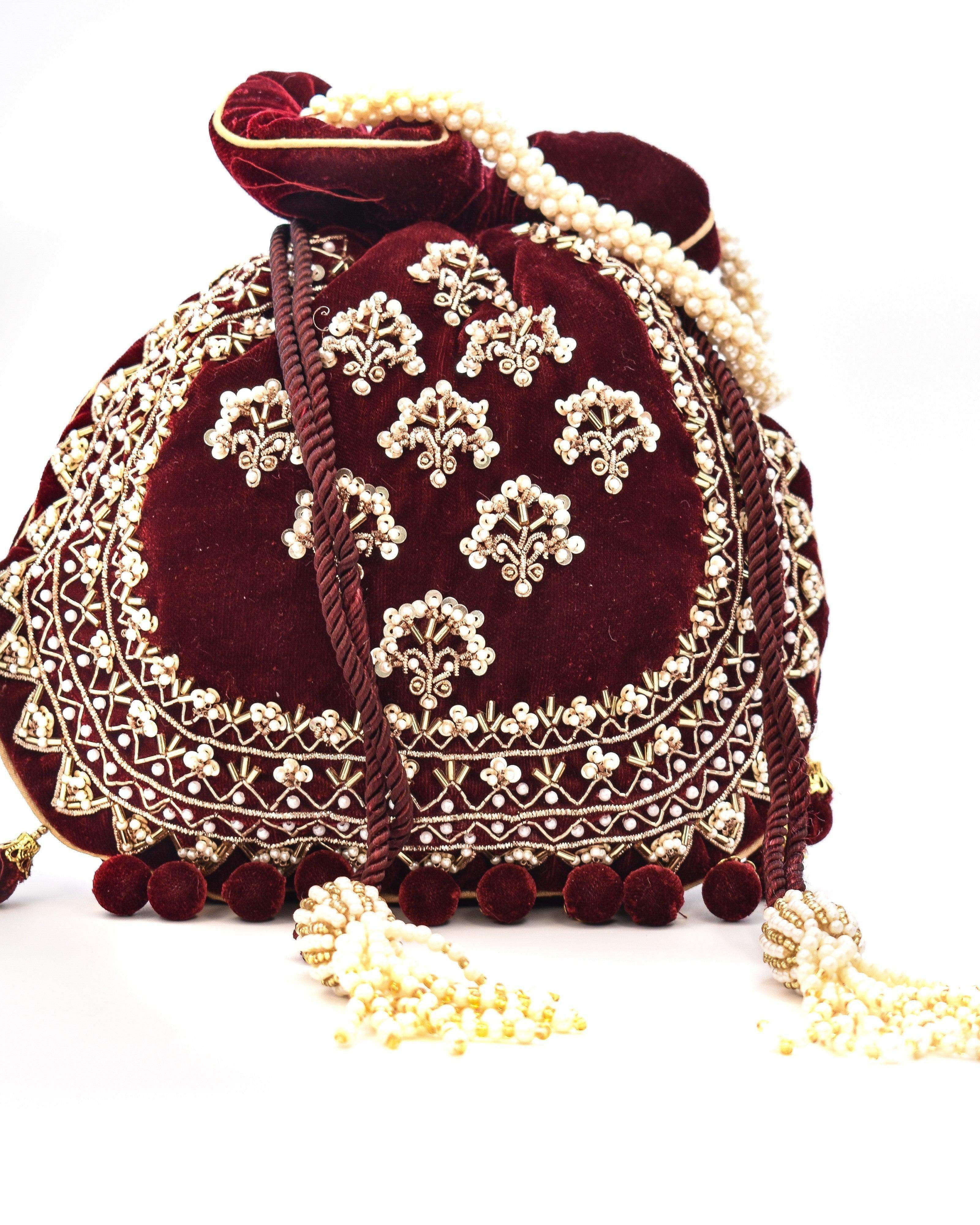 Sugarcrush Maroon Luxury Potli Bag With Drawstring Closure - SUGARCRUSH