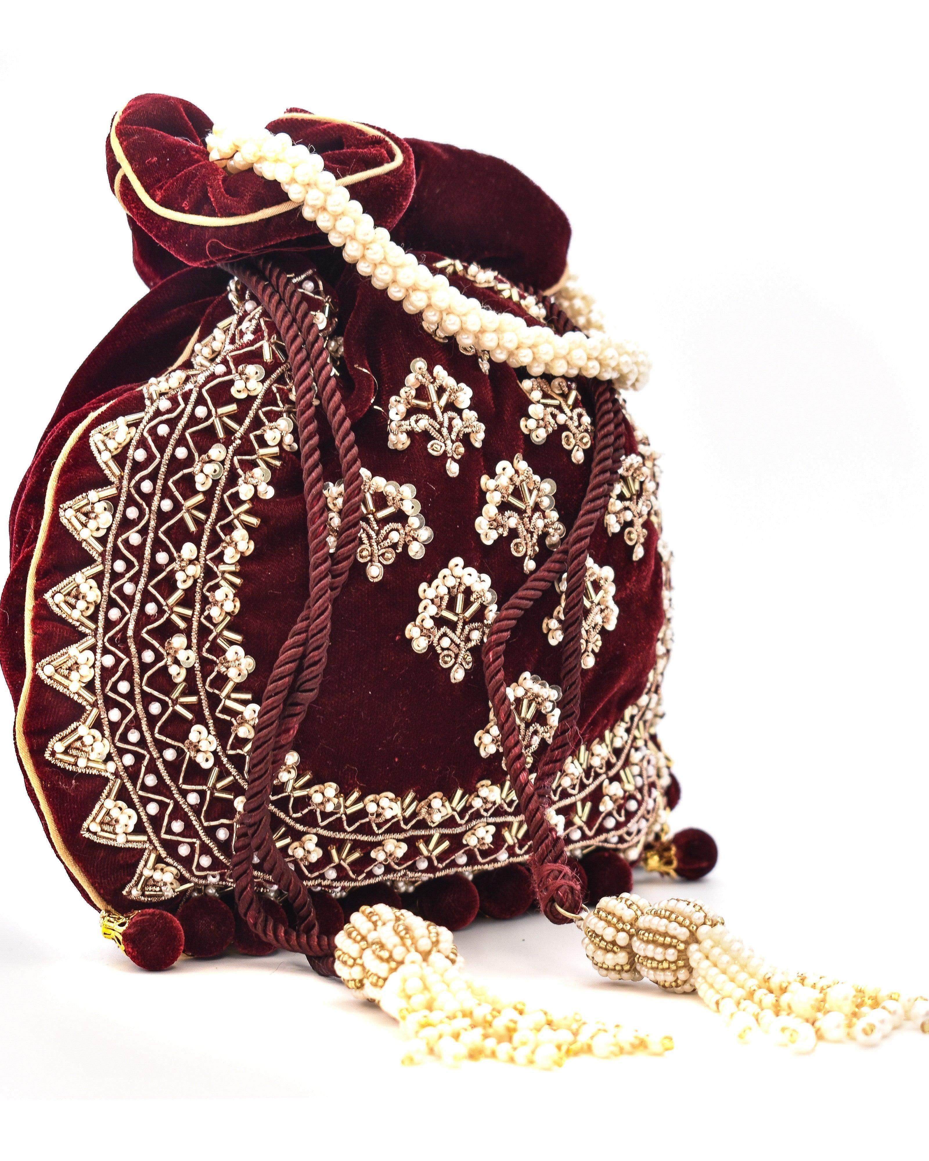 Sugarcrush Maroon Luxury Potli Bag With Drawstring Closure - SUGARCRUSH