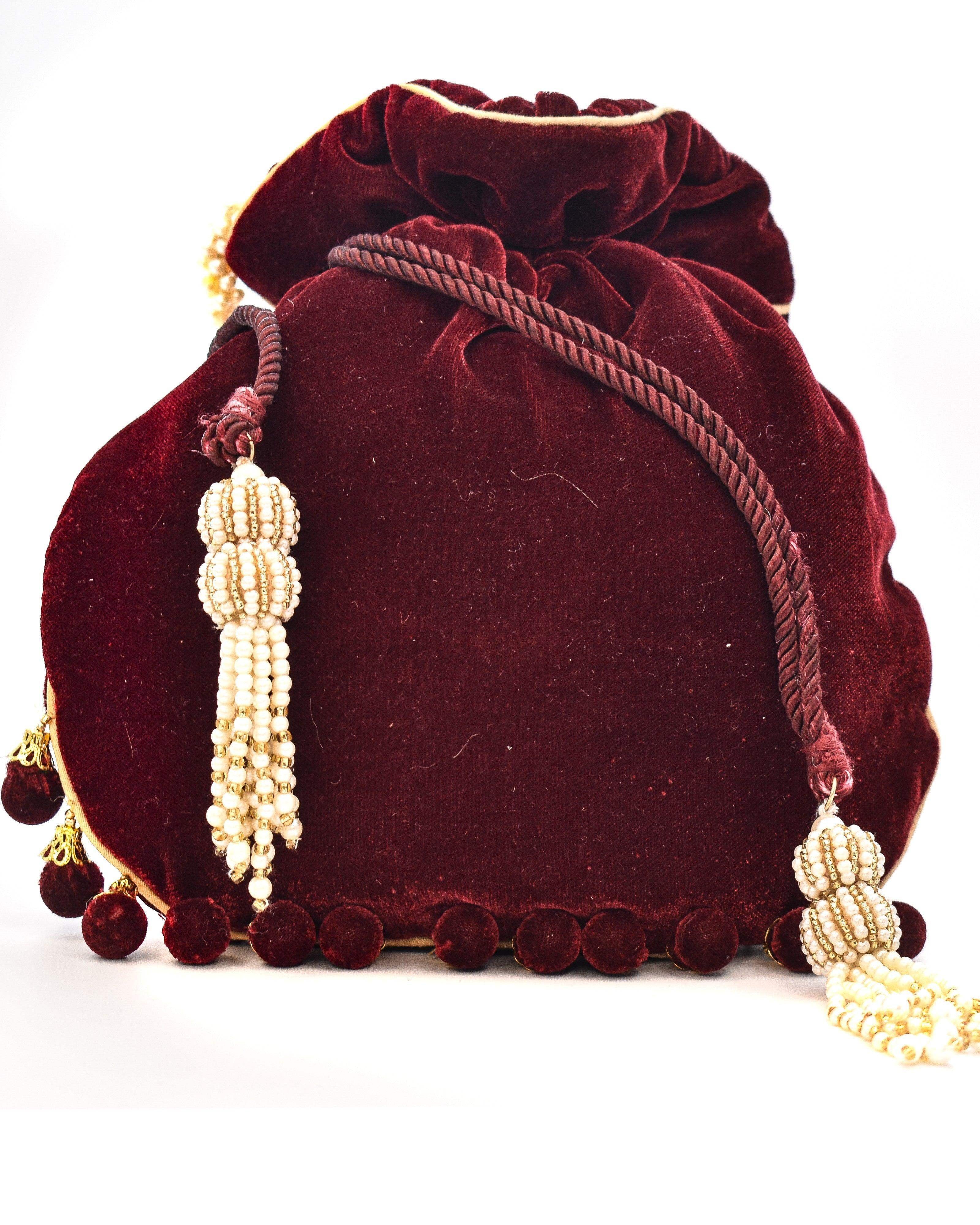Sugarcrush Maroon Luxury Potli Bag With Drawstring Closure - SUGARCRUSH