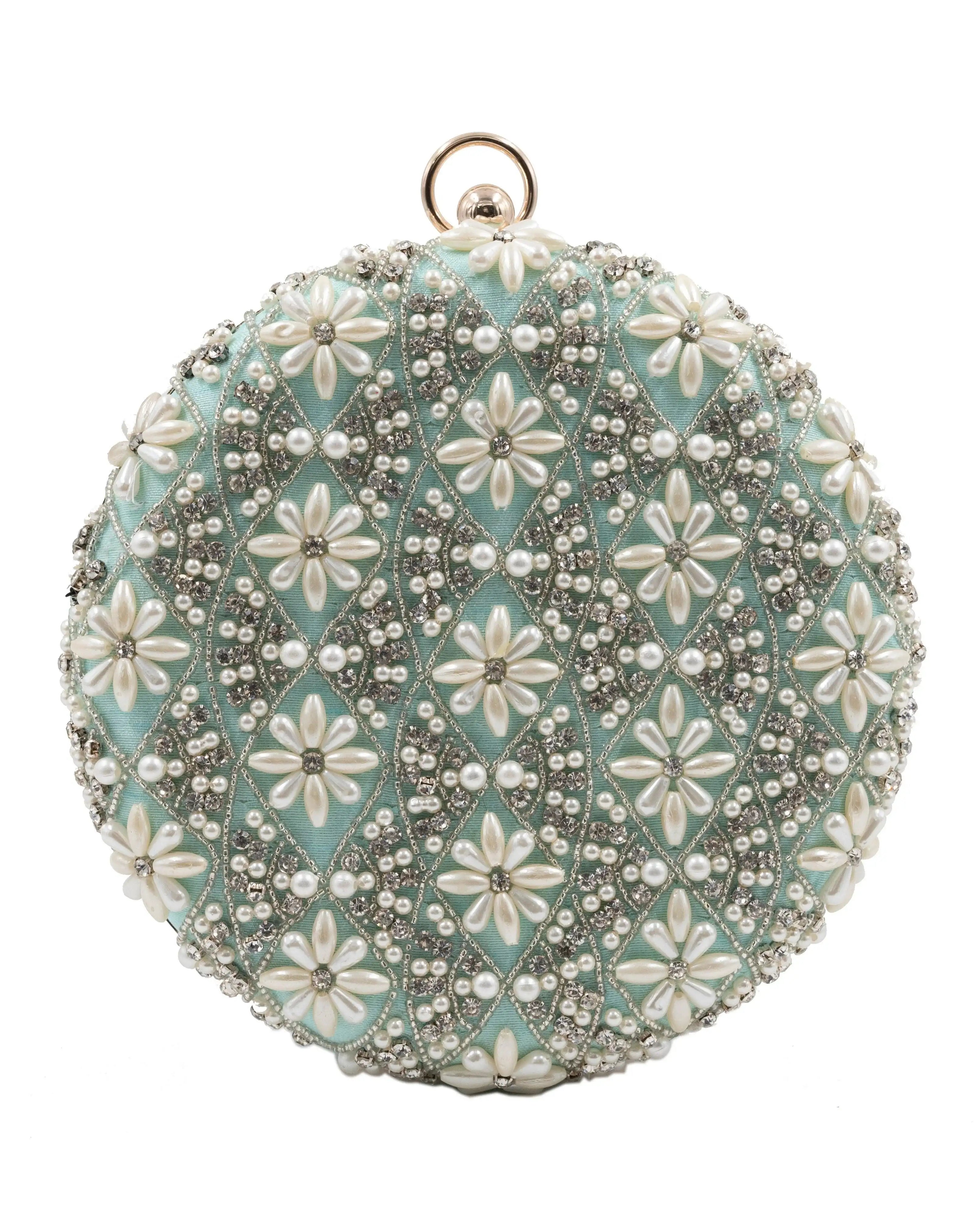Sugarcrush mint green Pearl embroidered Clutch - SUGARCRUSH