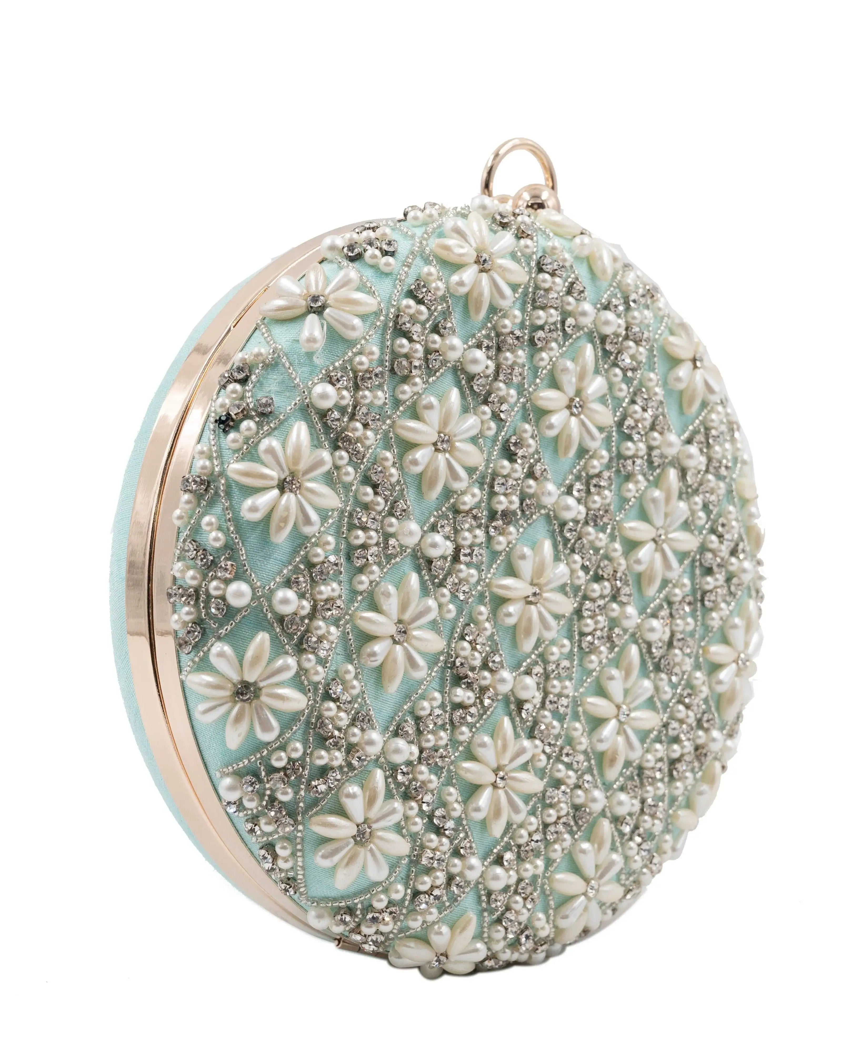 Sugarcrush mint green Pearl embroidered Clutch - SUGARCRUSH