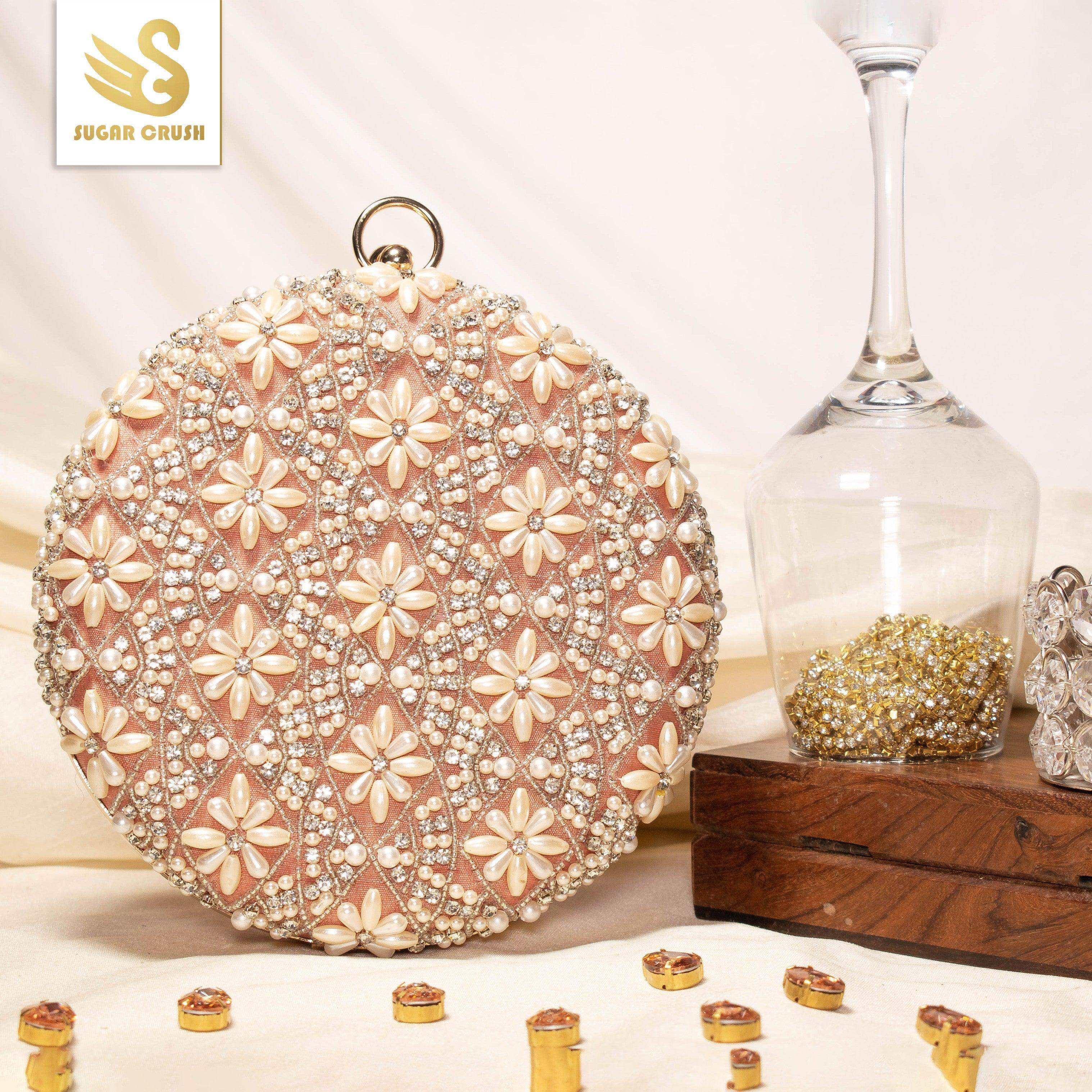 Sugarcrush Peach Pearl embroidered Clutch - SUGARCRUSH