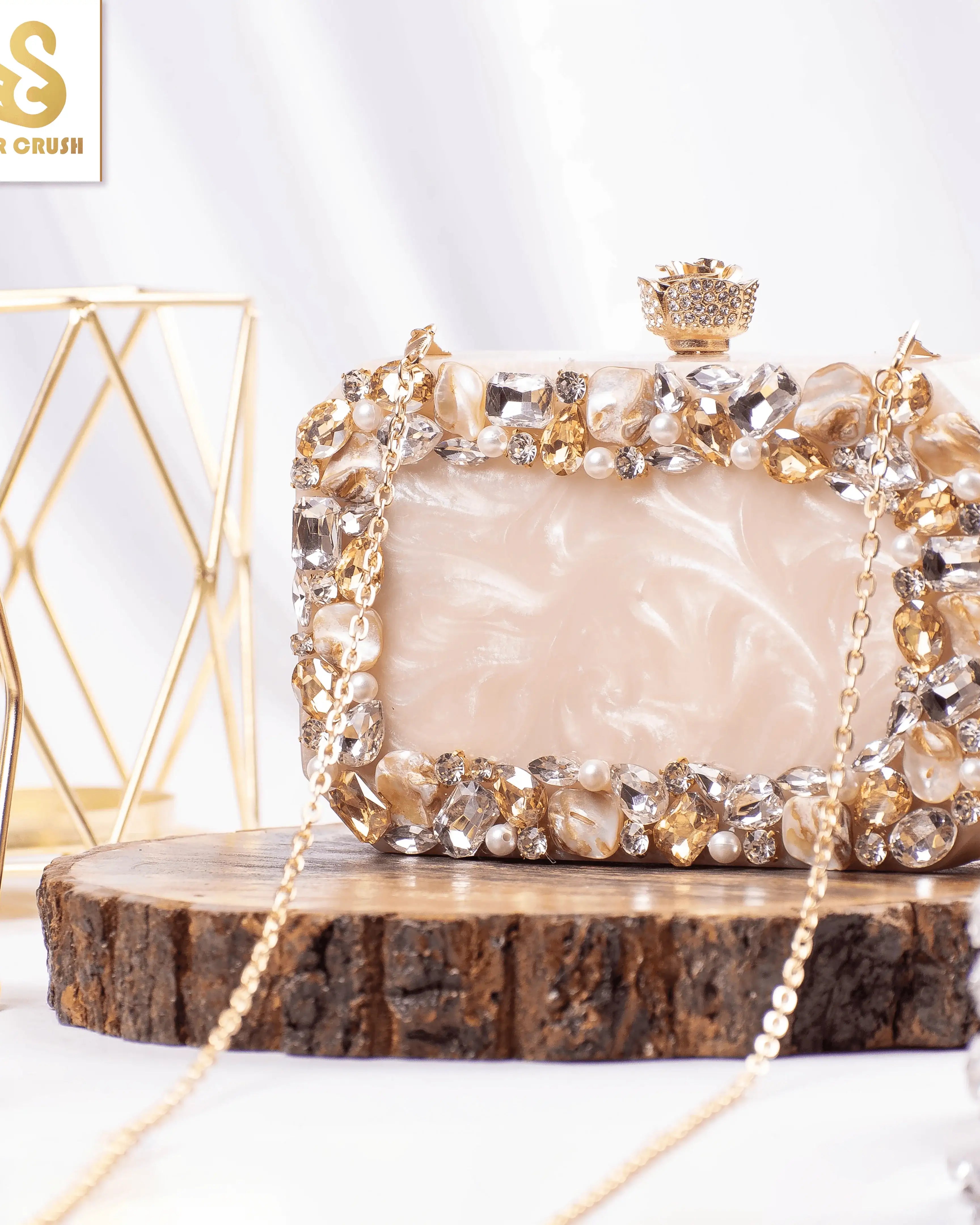 Sugarcrush beige luxury Resin Bridal embellished clutch - SUGARCRUSH