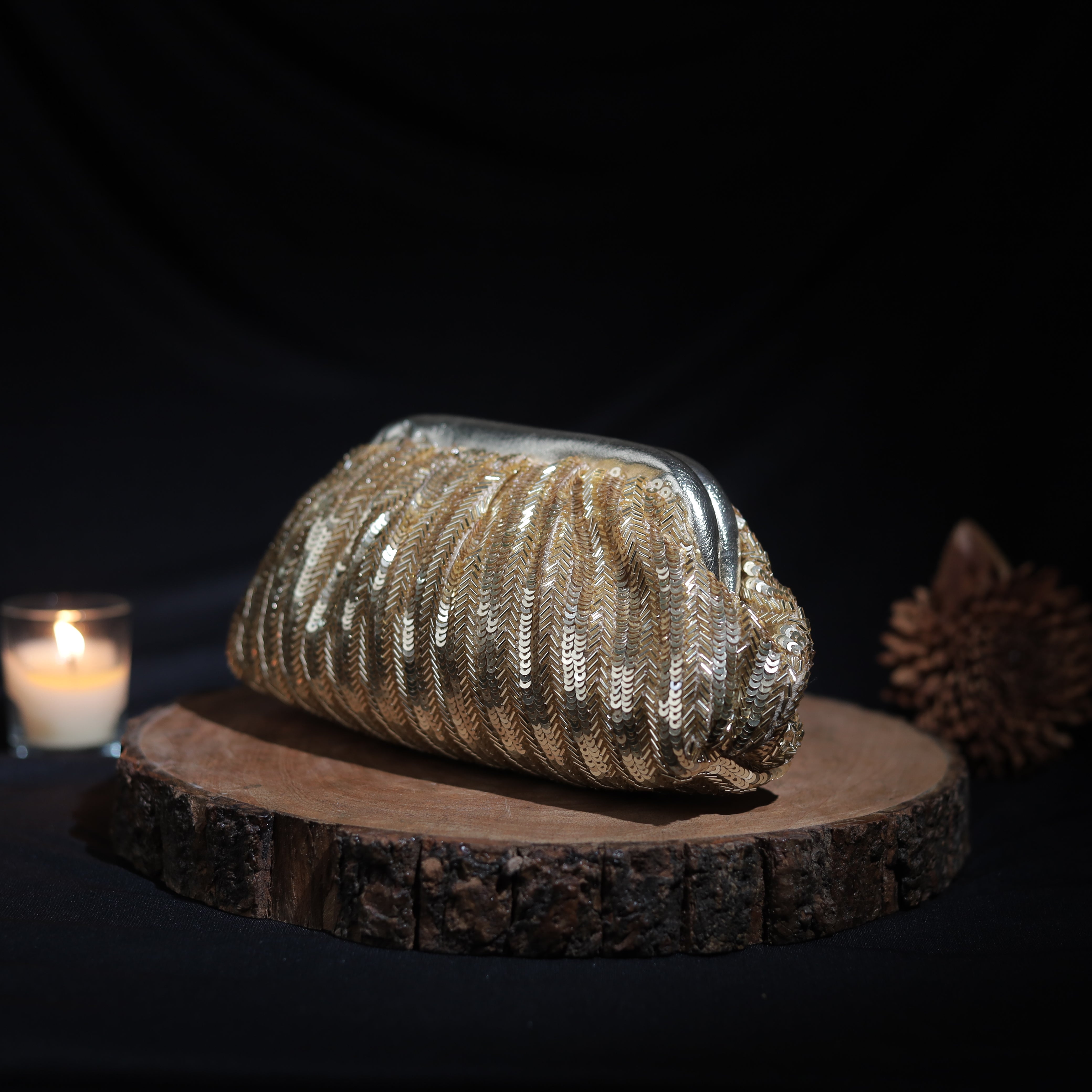 Handcrafted gold designer clutch for wedding