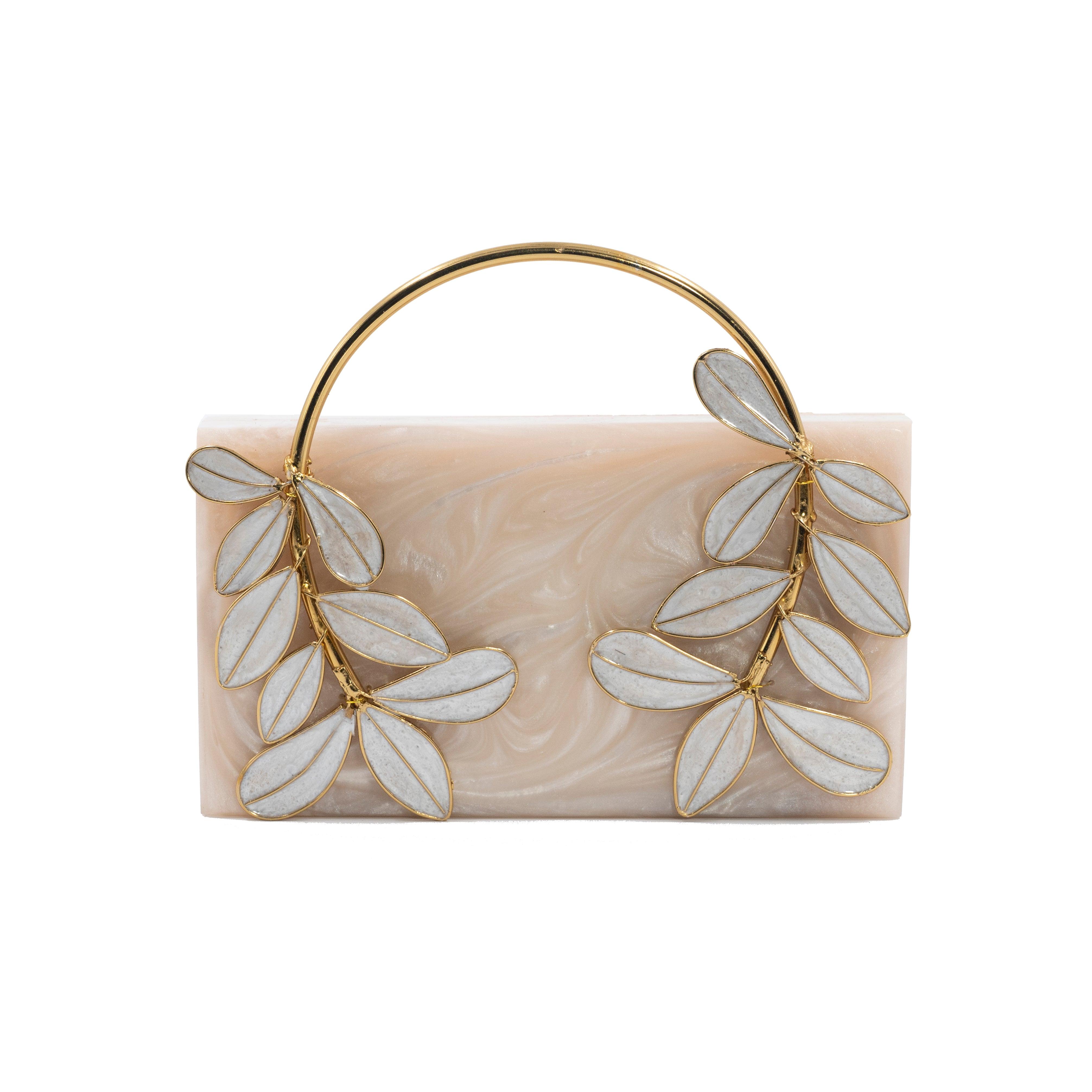 Sugarcrush beige luxury embellished clutch with pearl handle - SUGARCRUSH