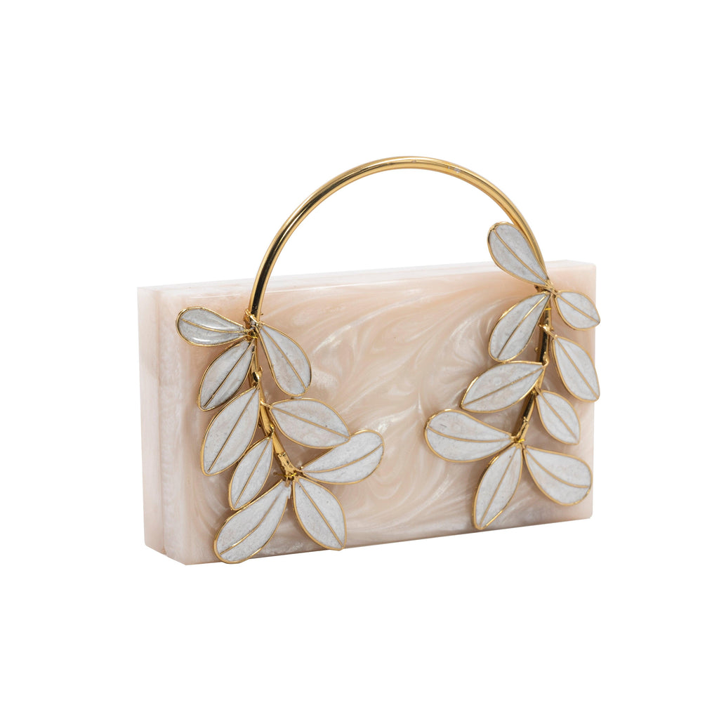 Sugarcrush beige luxury embellished clutch with pearl handle - SUGARCRUSH