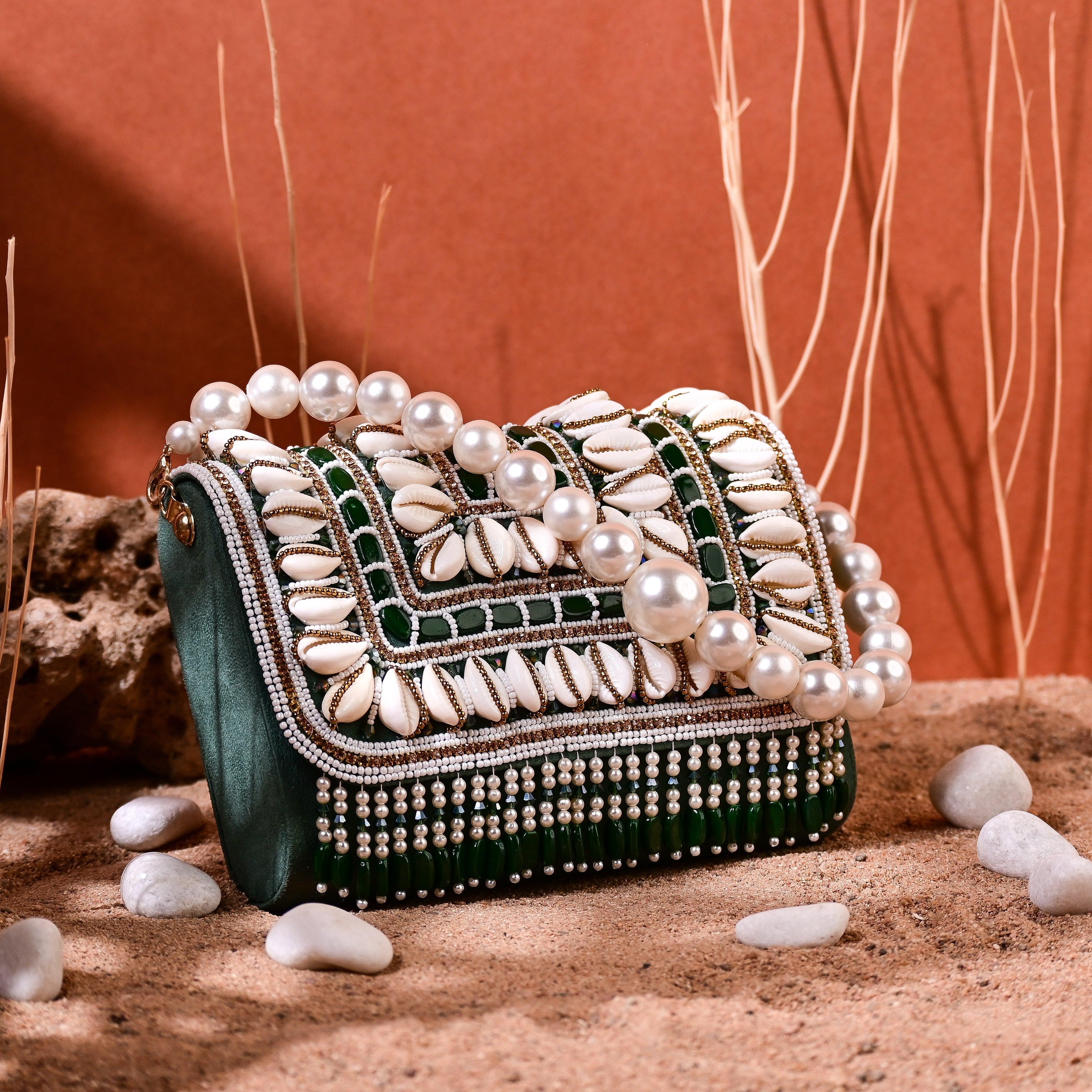 Sugarcrush bridal Embellished Pearl Luxury Bag-Green - SUGARCRUSH