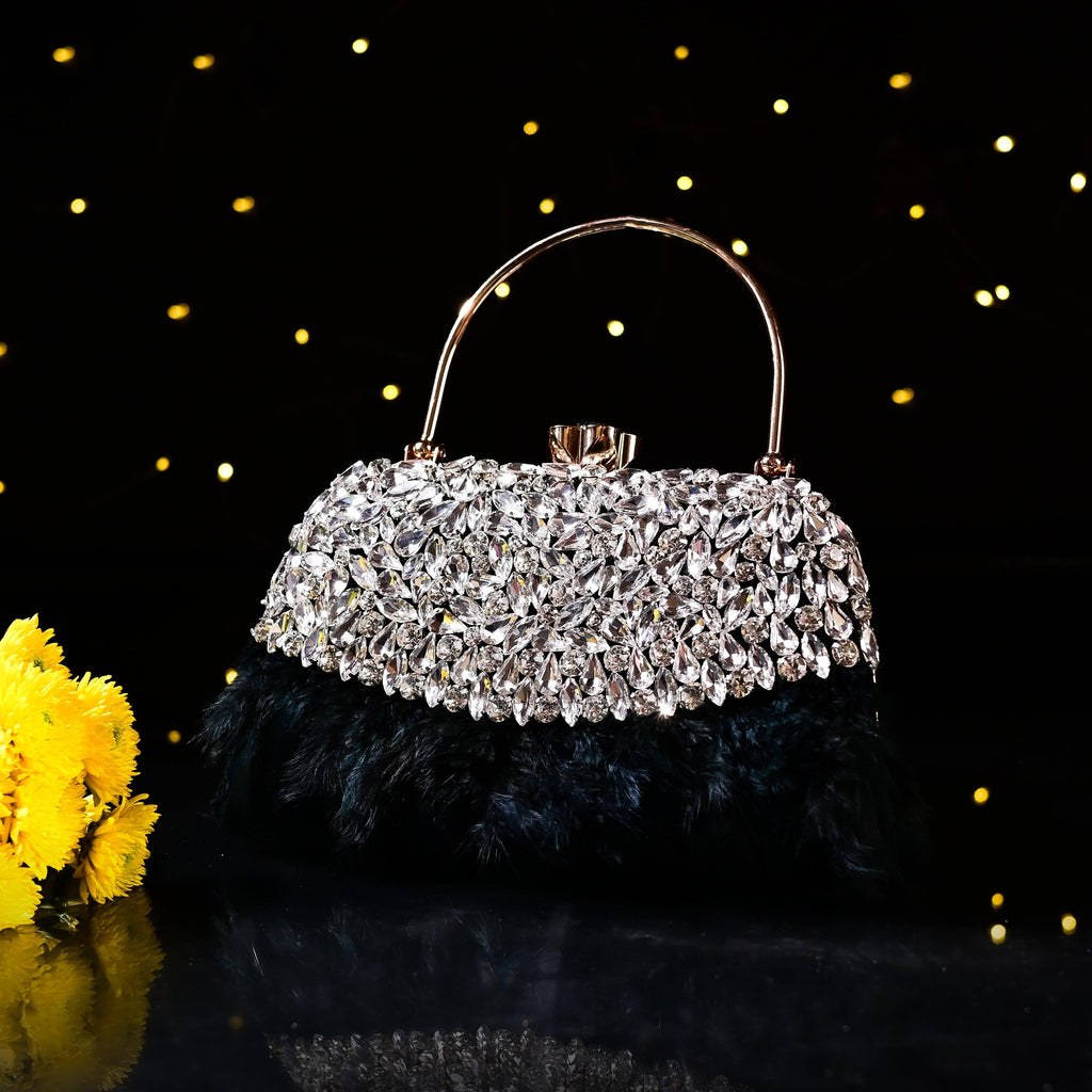 Sugarcrush Crystal Bridal Feather Luxury Bag-BLACK - SUGARCRUSH