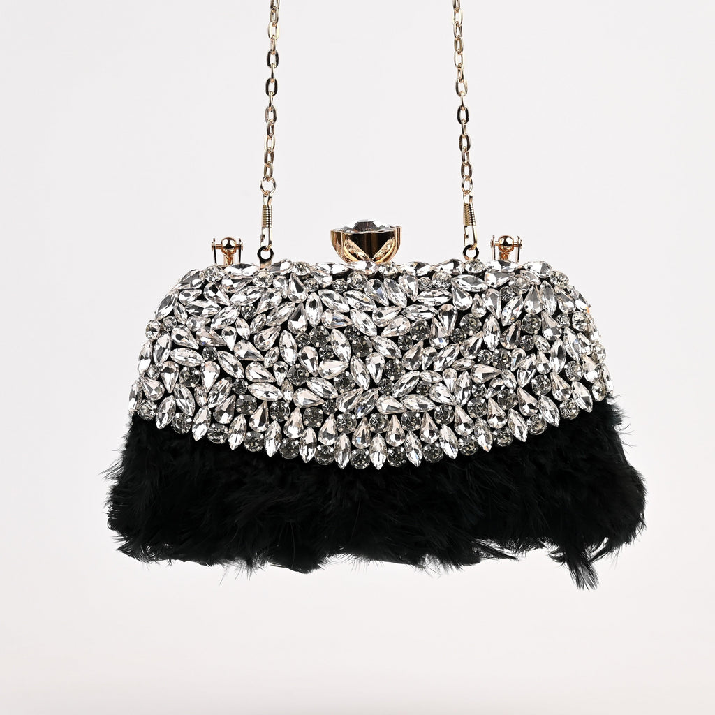 Sugarcrush Crystal Bridal Feather Luxury Bag-BLACK - SUGARCRUSH