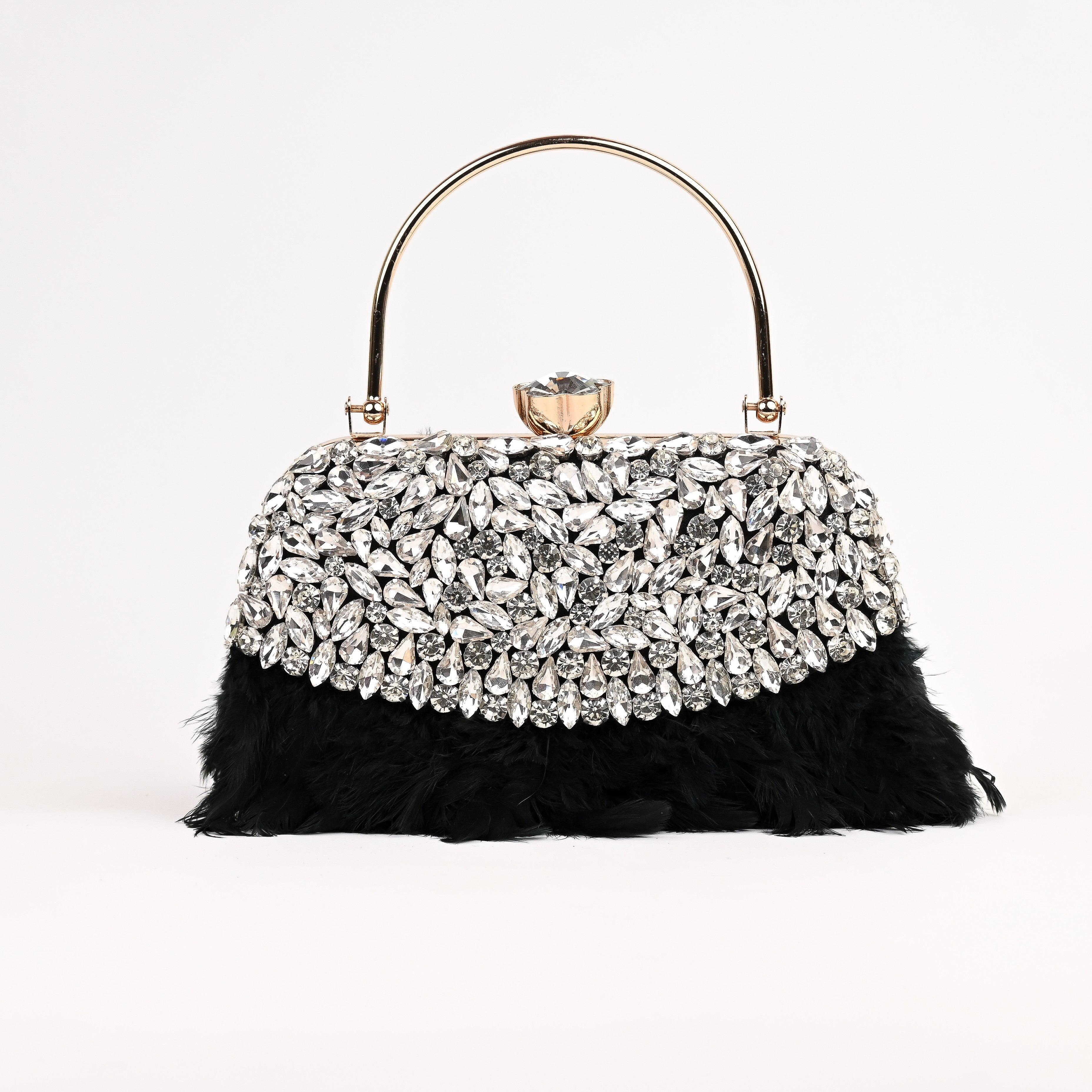 Sugarcrush Crystal Bridal Feather Luxury Bag-BLACK - SUGARCRUSH