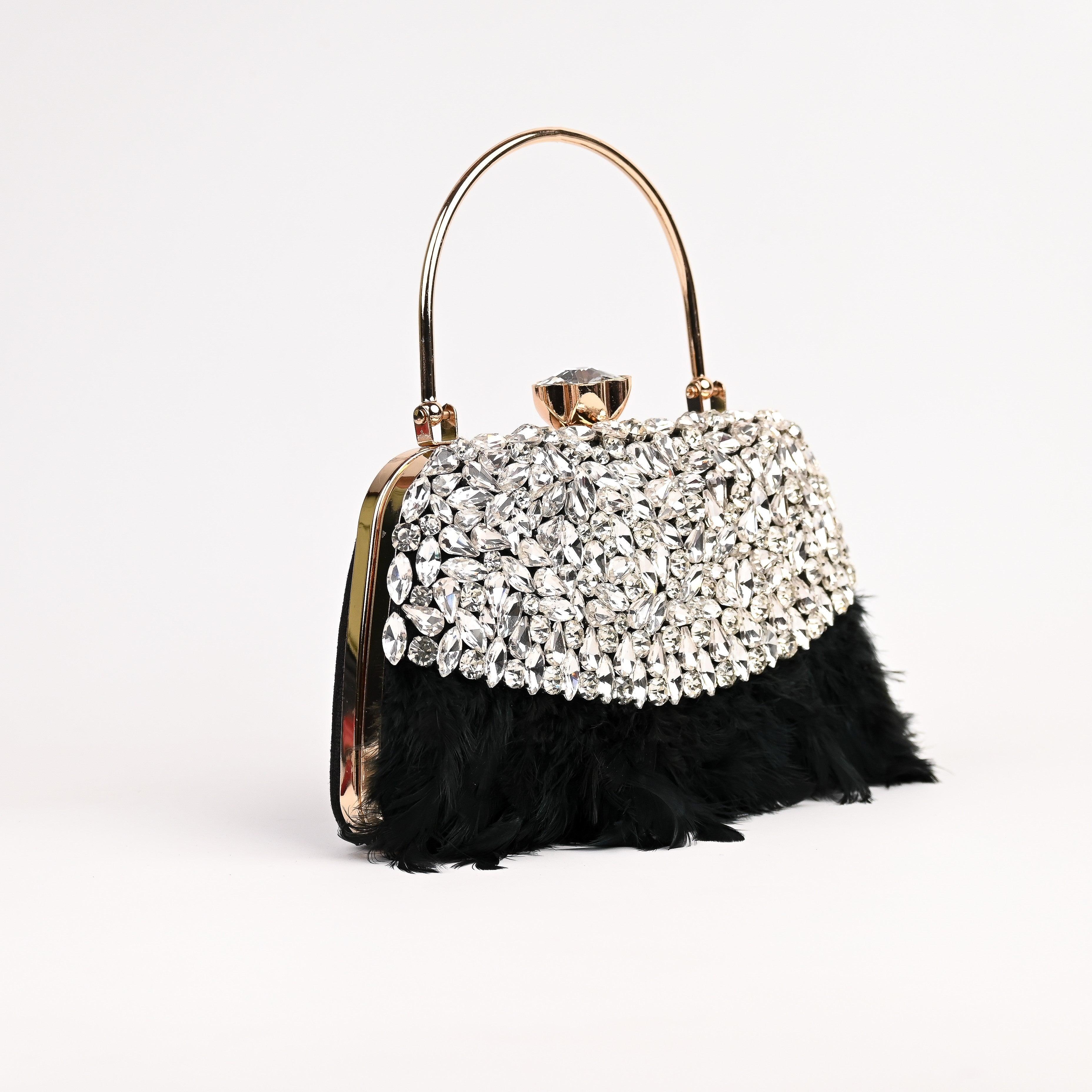 Sugarcrush Crystal Bridal Feather Luxury Bag-BLACK - SUGARCRUSH