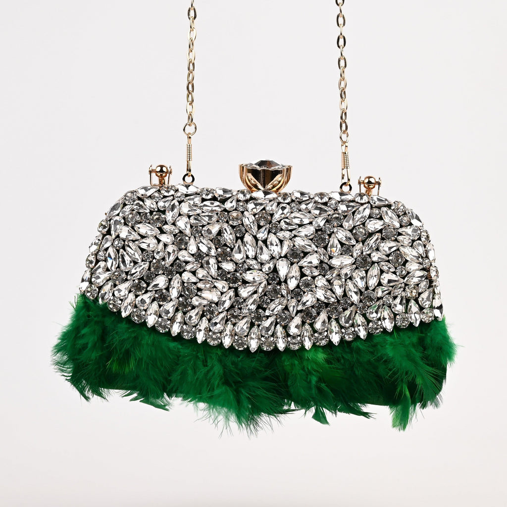 Sugarcrush Crystal Bridal Feather Luxury Bag-GREEN - SUGARCRUSH