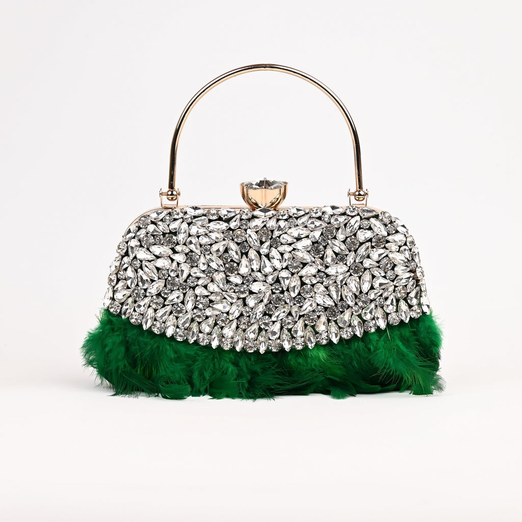 Sugarcrush Crystal Bridal Feather Luxury Bag-GREEN - SUGARCRUSH