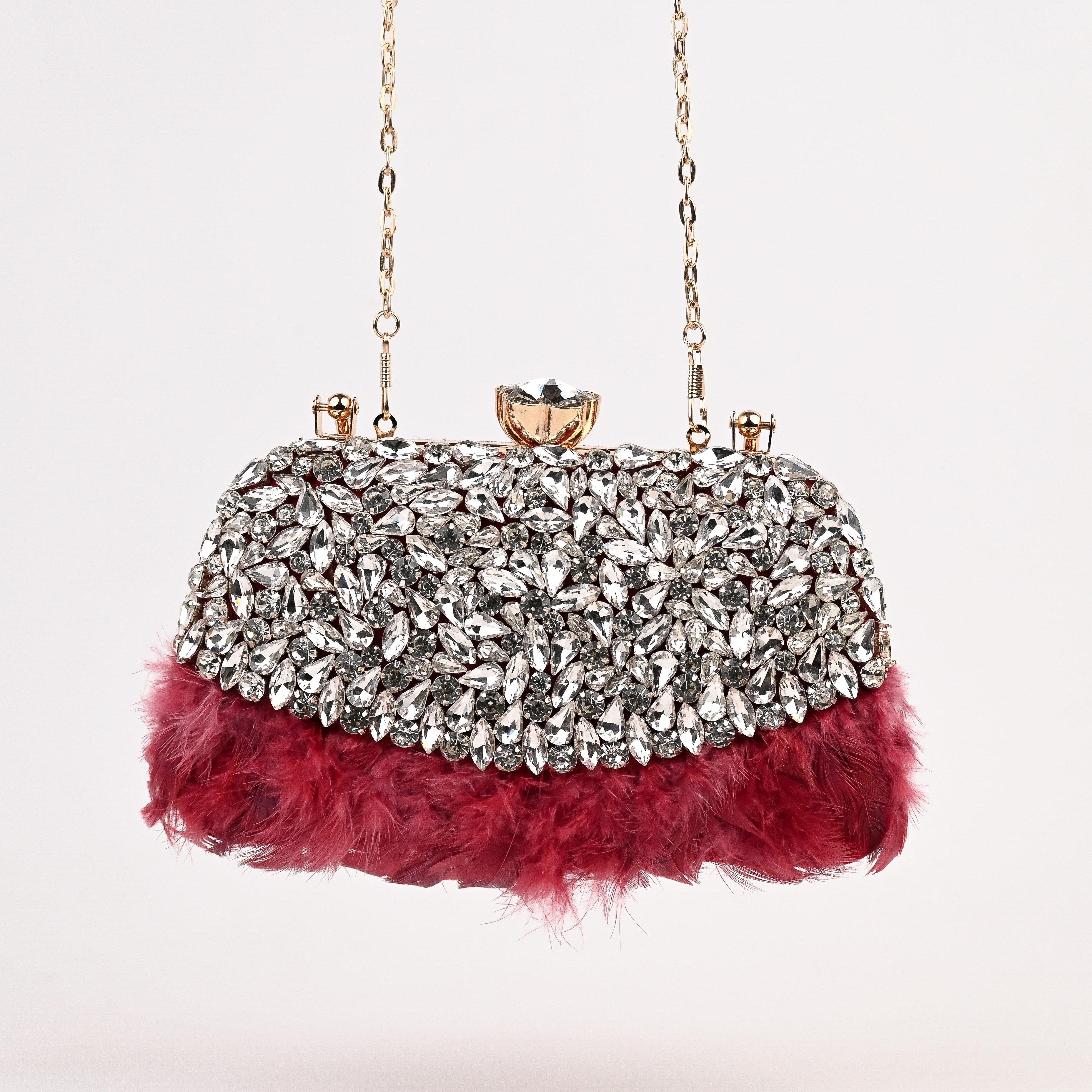 Sugarcrush Crystal Bridal Feather Luxury Bag-RED - SUGARCRUSH