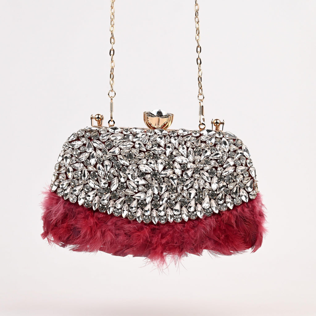 Sugarcrush Crystal Bridal Feather Luxury Bag-RED - SUGARCRUSH