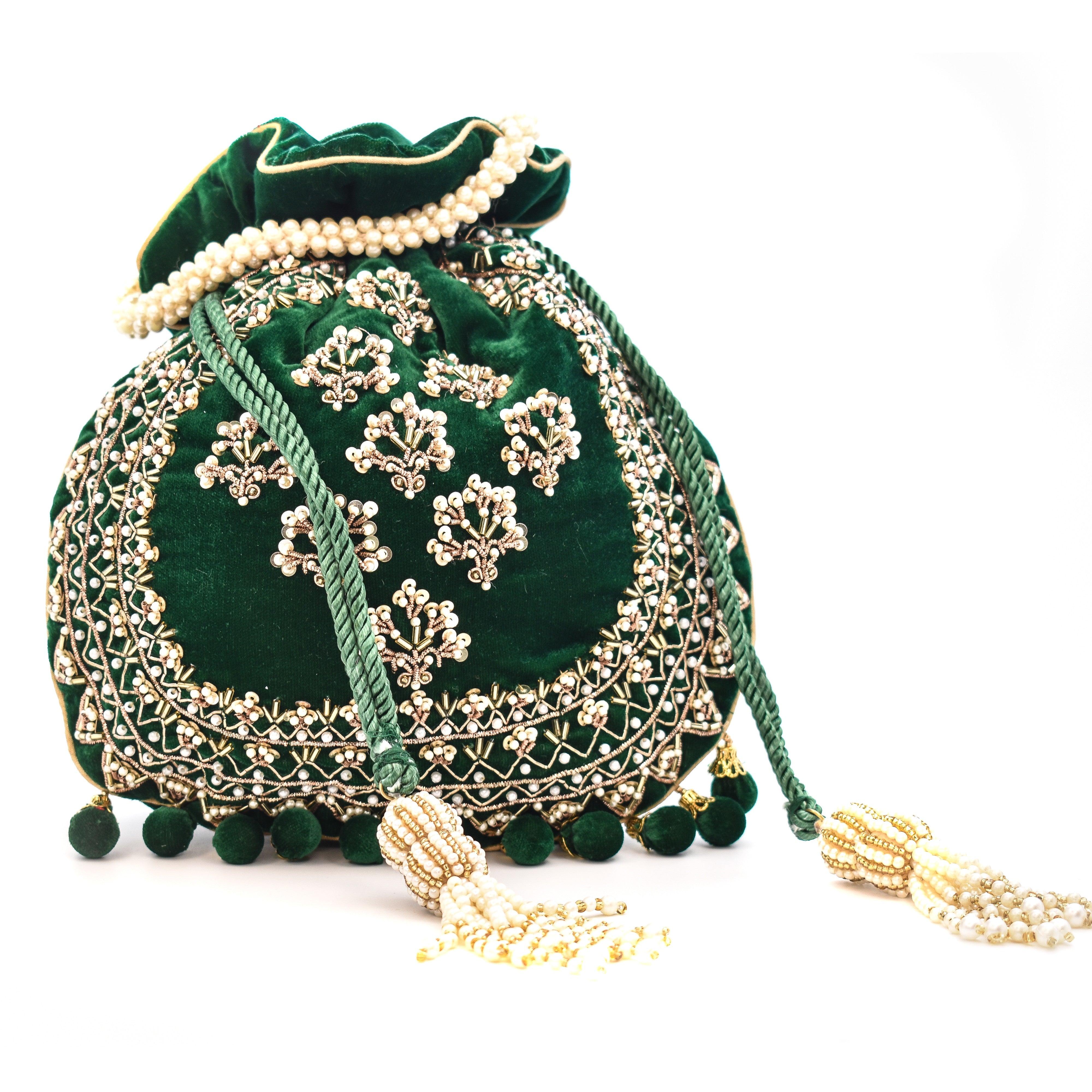 Sugarcrush Green Luxury Potli Bag With Drawstring Closure - SUGARCRUSH