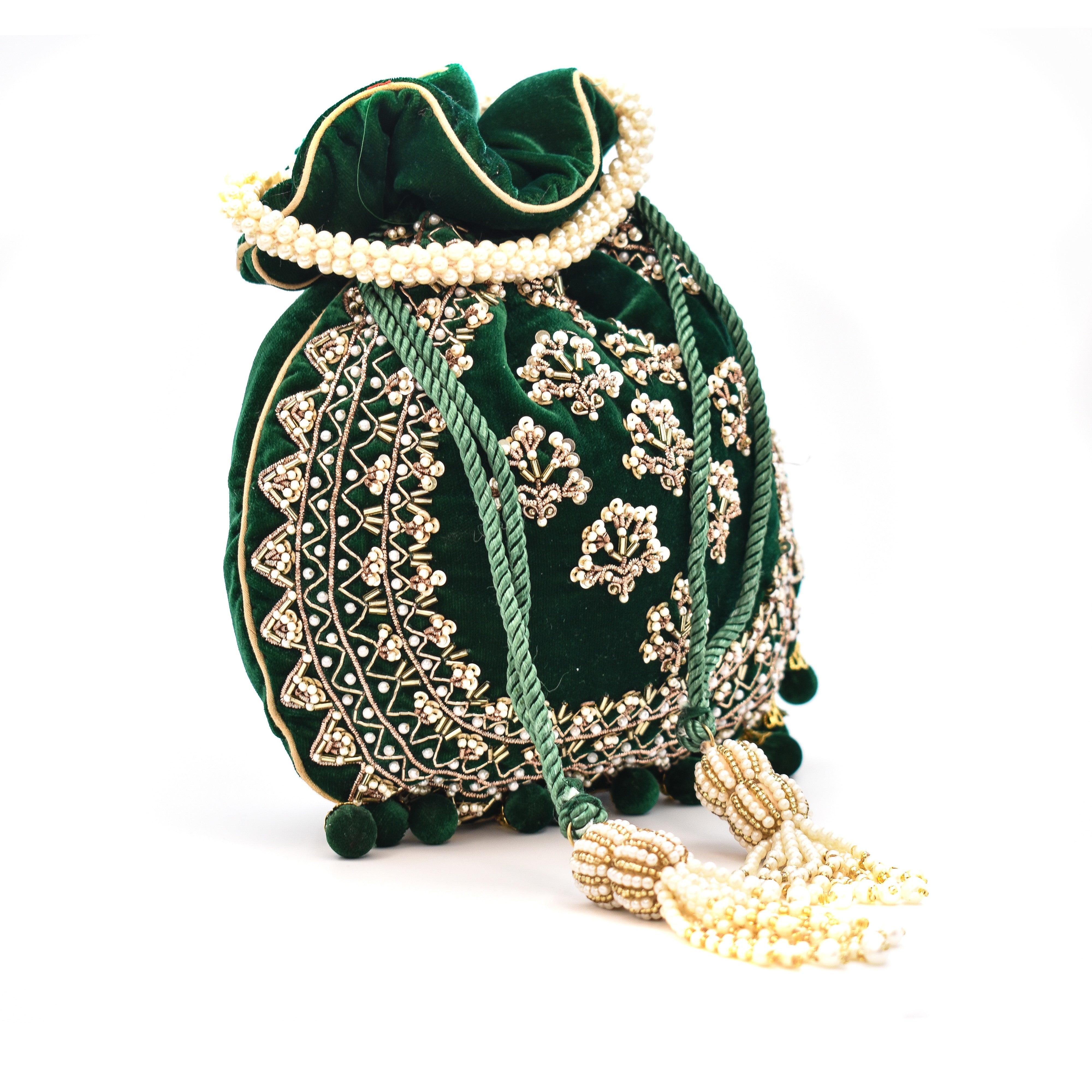 Sugarcrush Green Luxury Potli Bag With Drawstring Closure - SUGARCRUSH