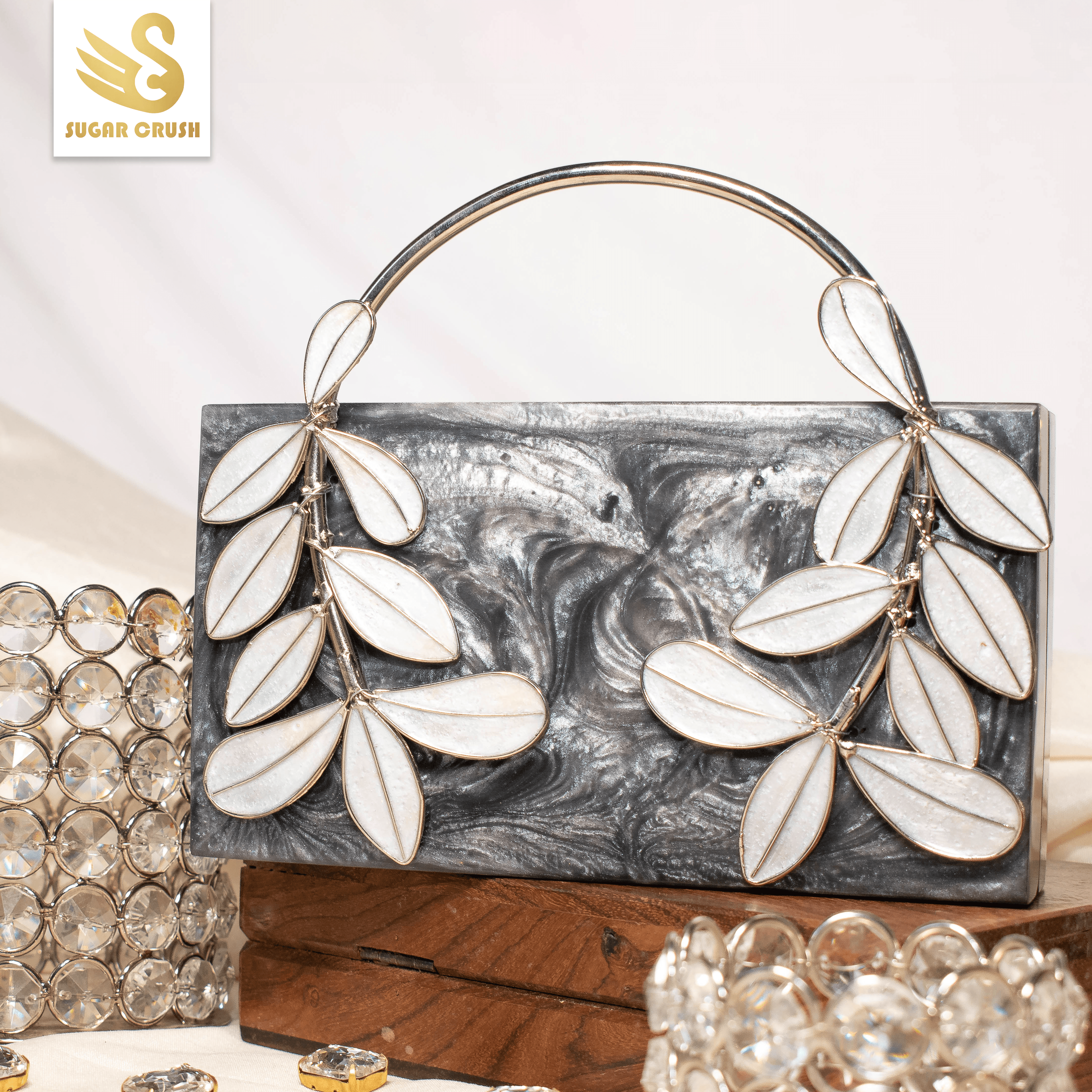 Sugarcrush Grey luxury embellished clutch with pearl handle - SUGARCRUSH