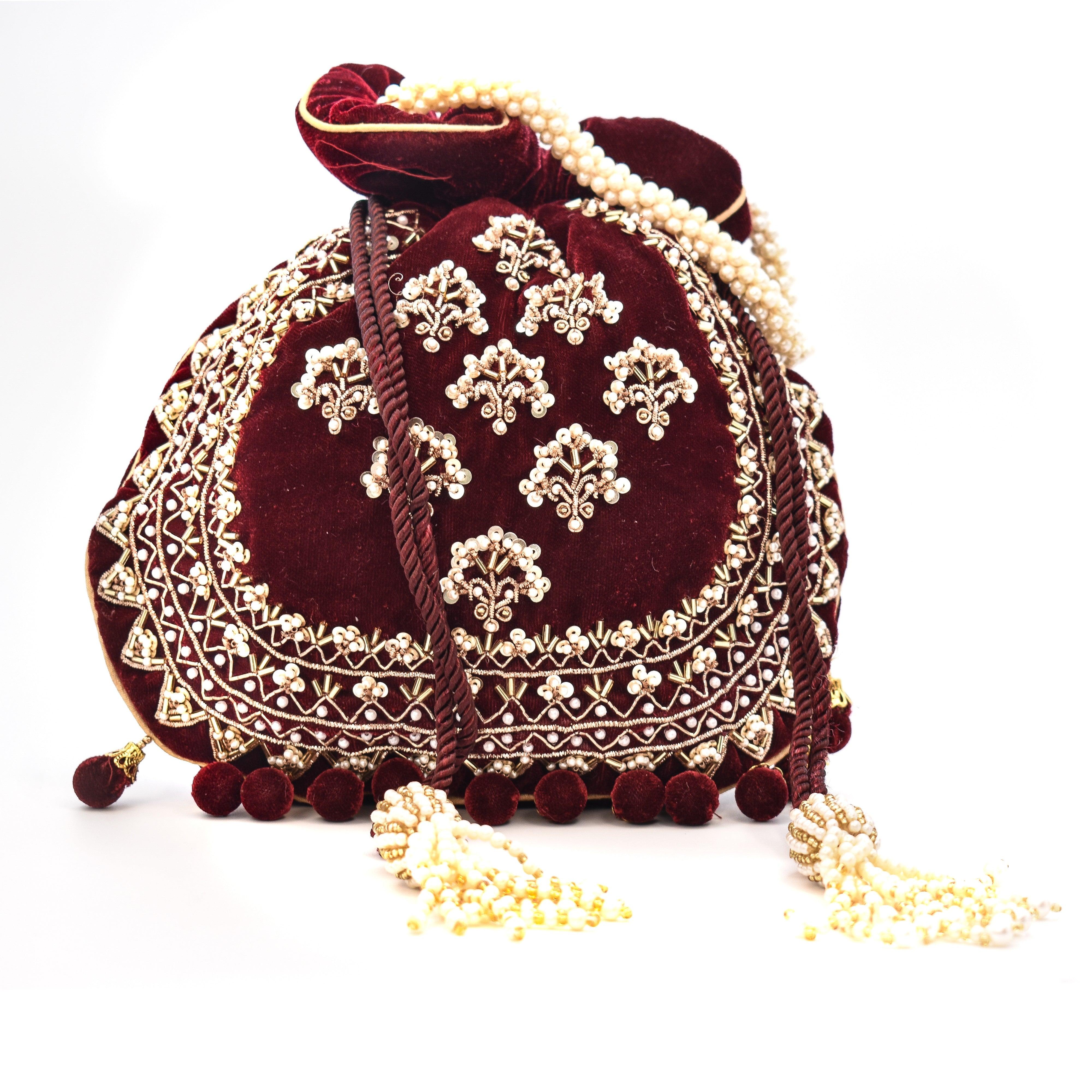 Sugarcrush Maroon Luxury Potli Bag With Drawstring Closure - SUGARCRUSH